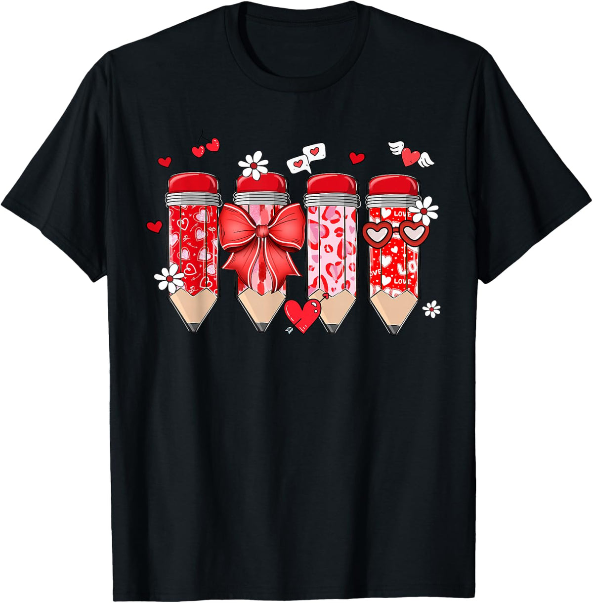 Teacher Valentine Coquette Bow Pencil Teacher Valentine Day T-Shirt - Black