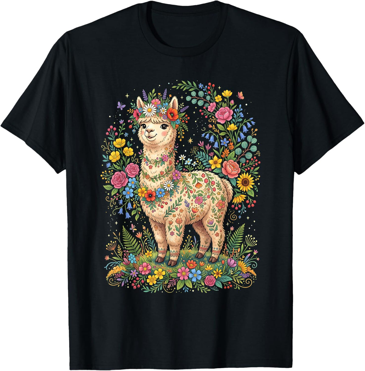 Alpaca Flowers T-Shirt - Black