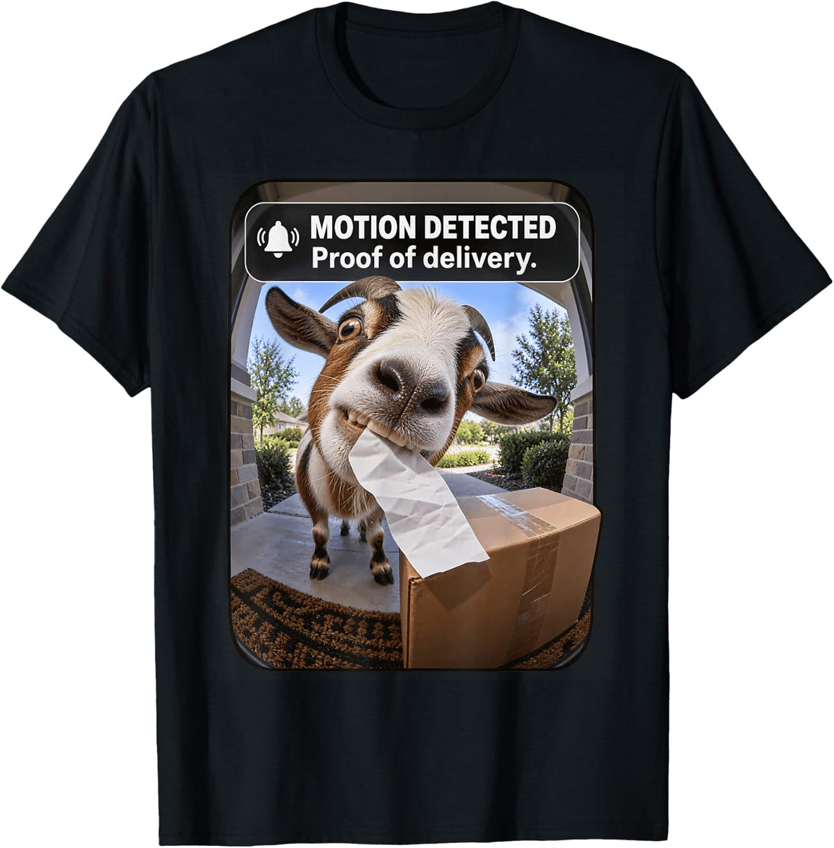 Motion Detected Proof of Delivery Funny Goat T-Shirt - Black