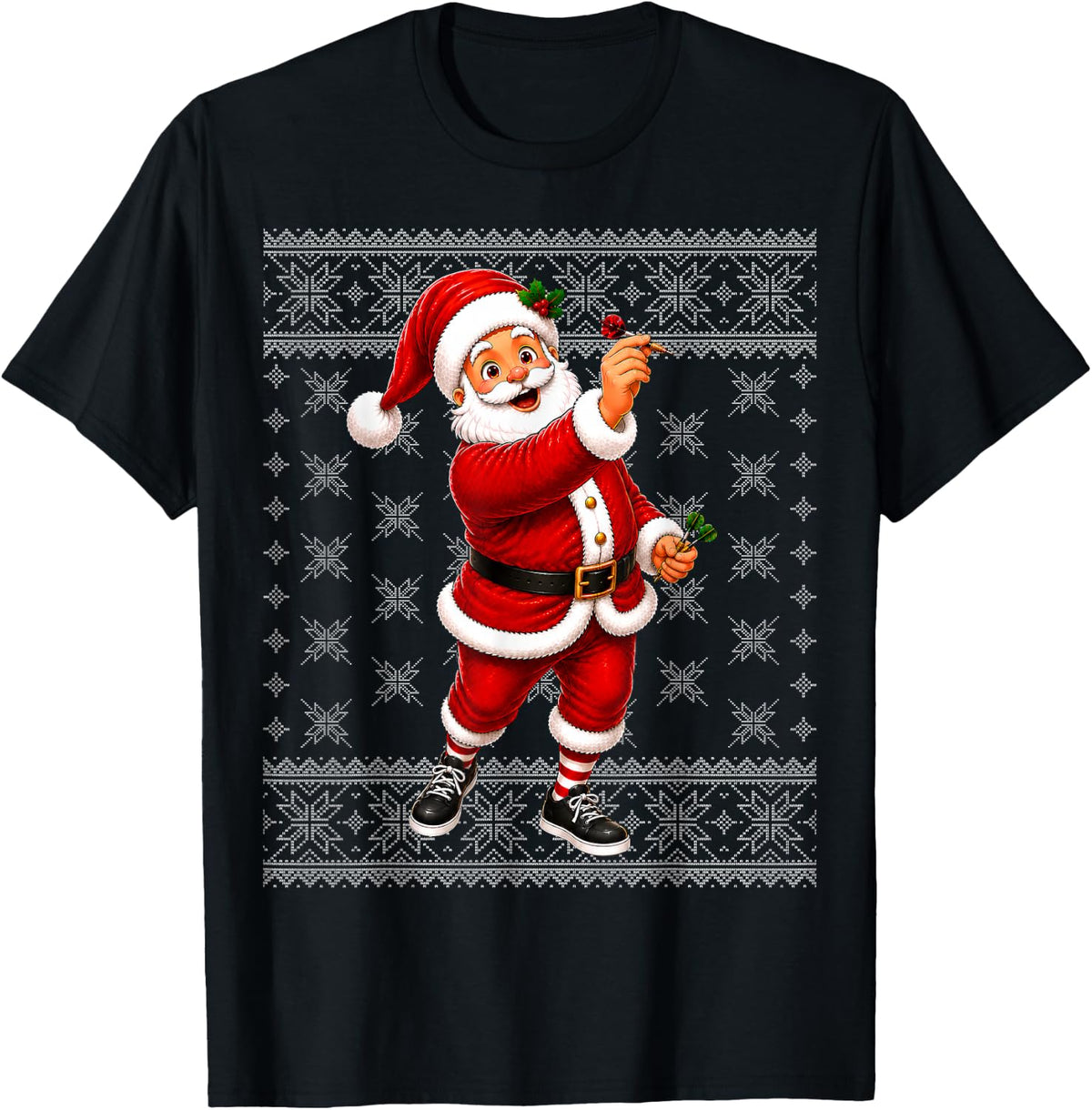 Ugly Xmas Funny Santa Playing Darts Christmas Sports T-Shirt - Black