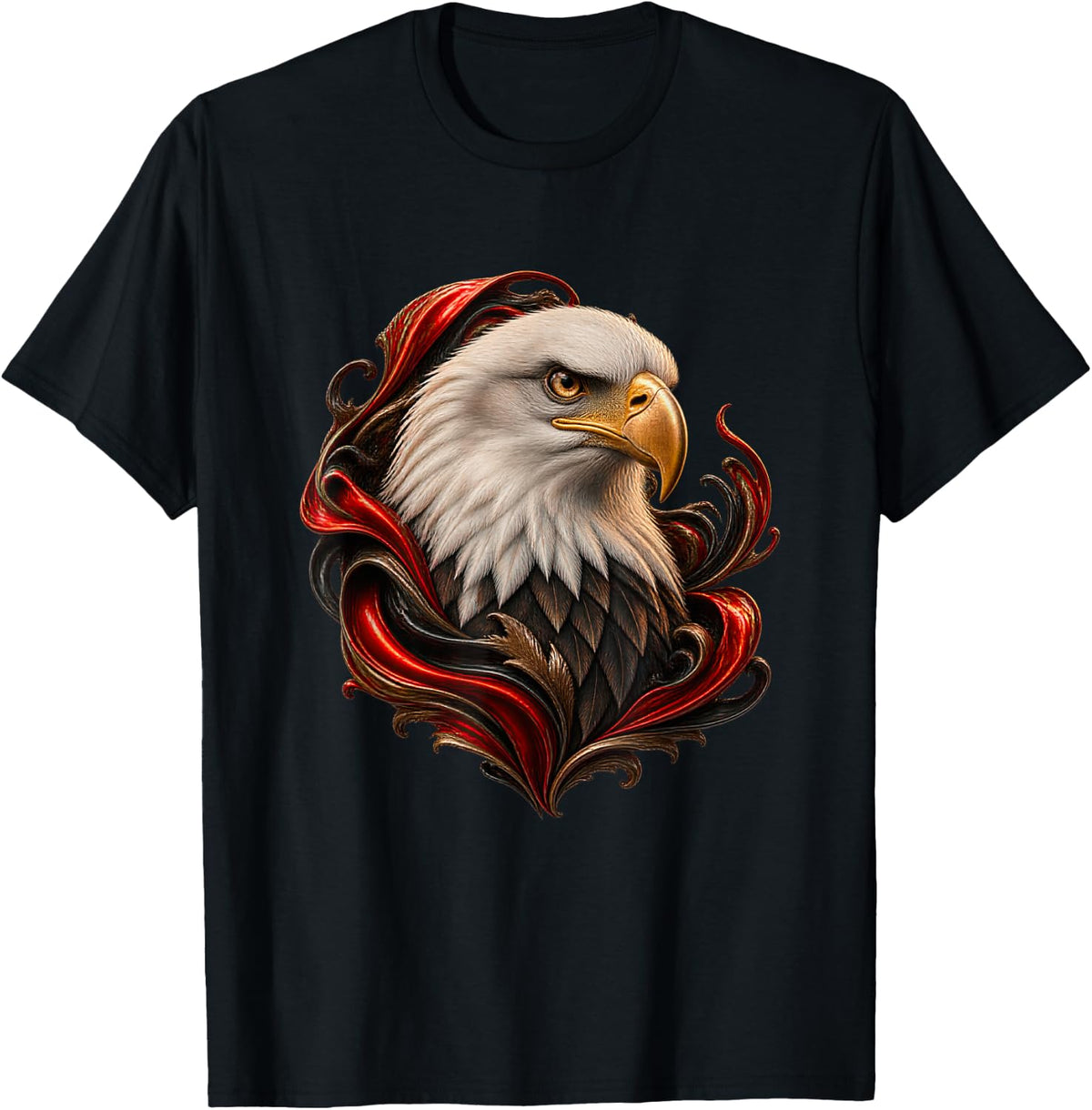 Bald Eagle with Scarlet Enamel Curves Raptor Art T-Shirt - Black