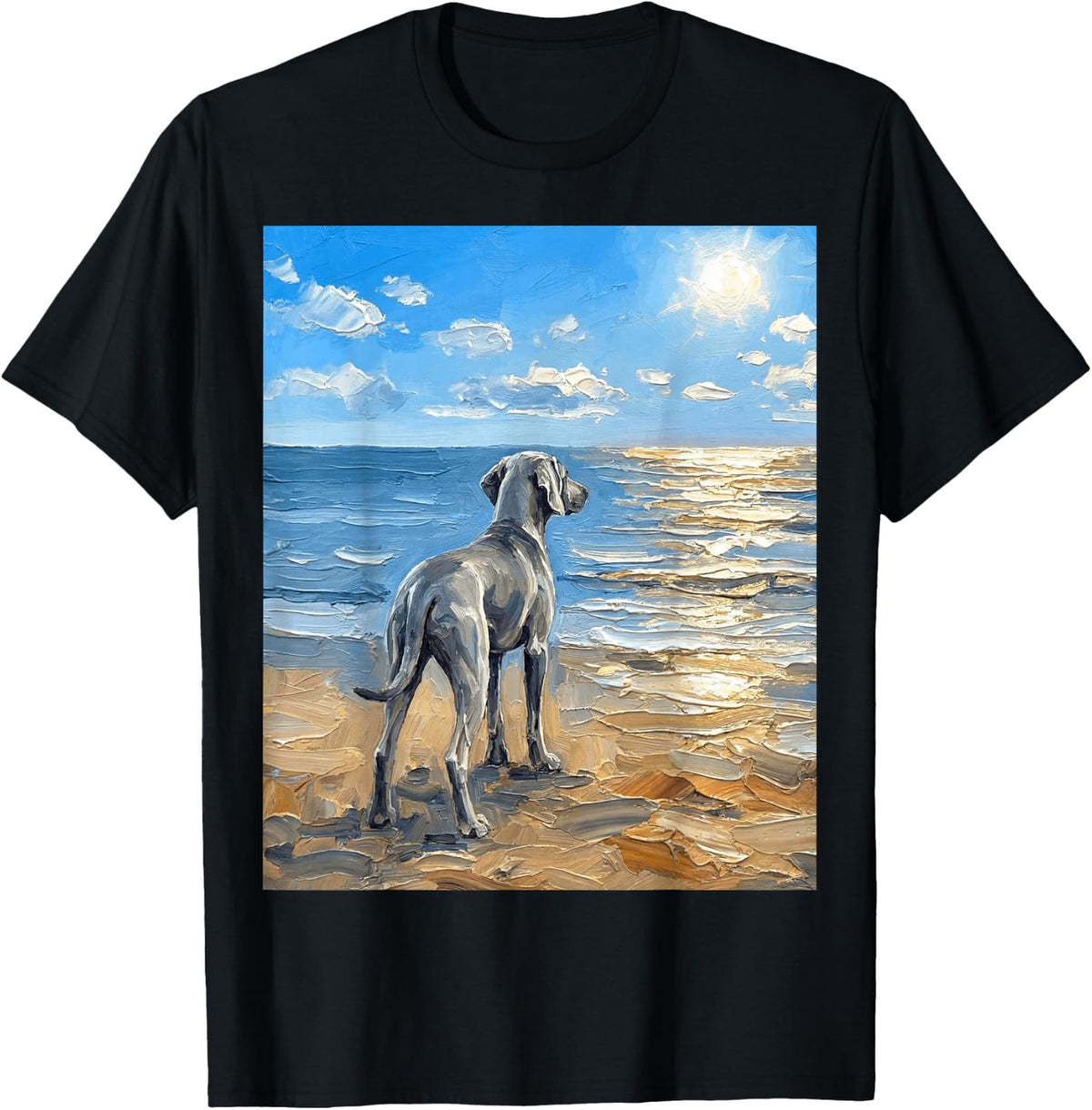 Weimaraner at The Beach Summer Dog Artwork T-Shirt - Black