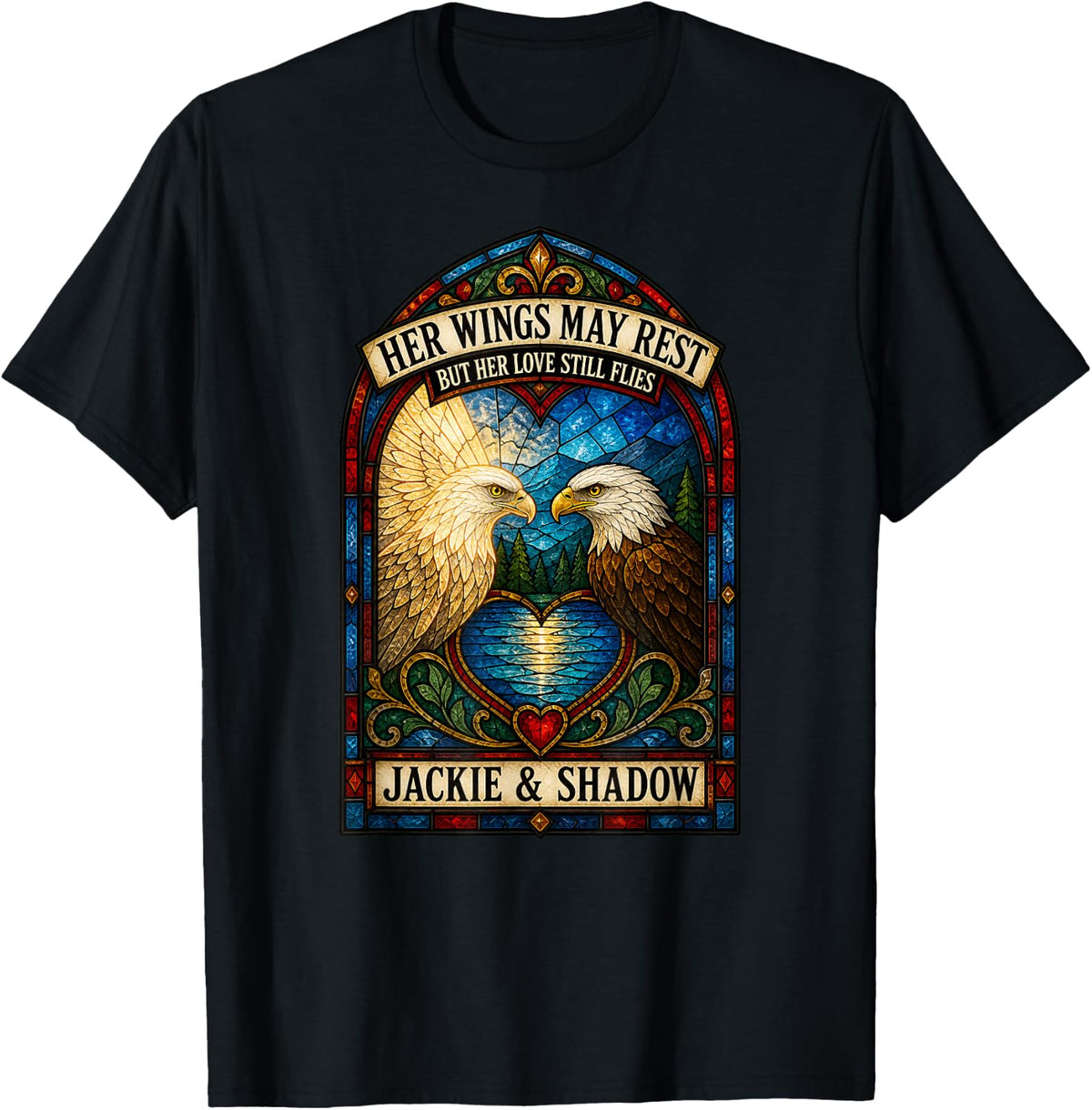 Her Wings May Rest Jackie and Shadow Bald Eagle Memorial T-Shirt - Black