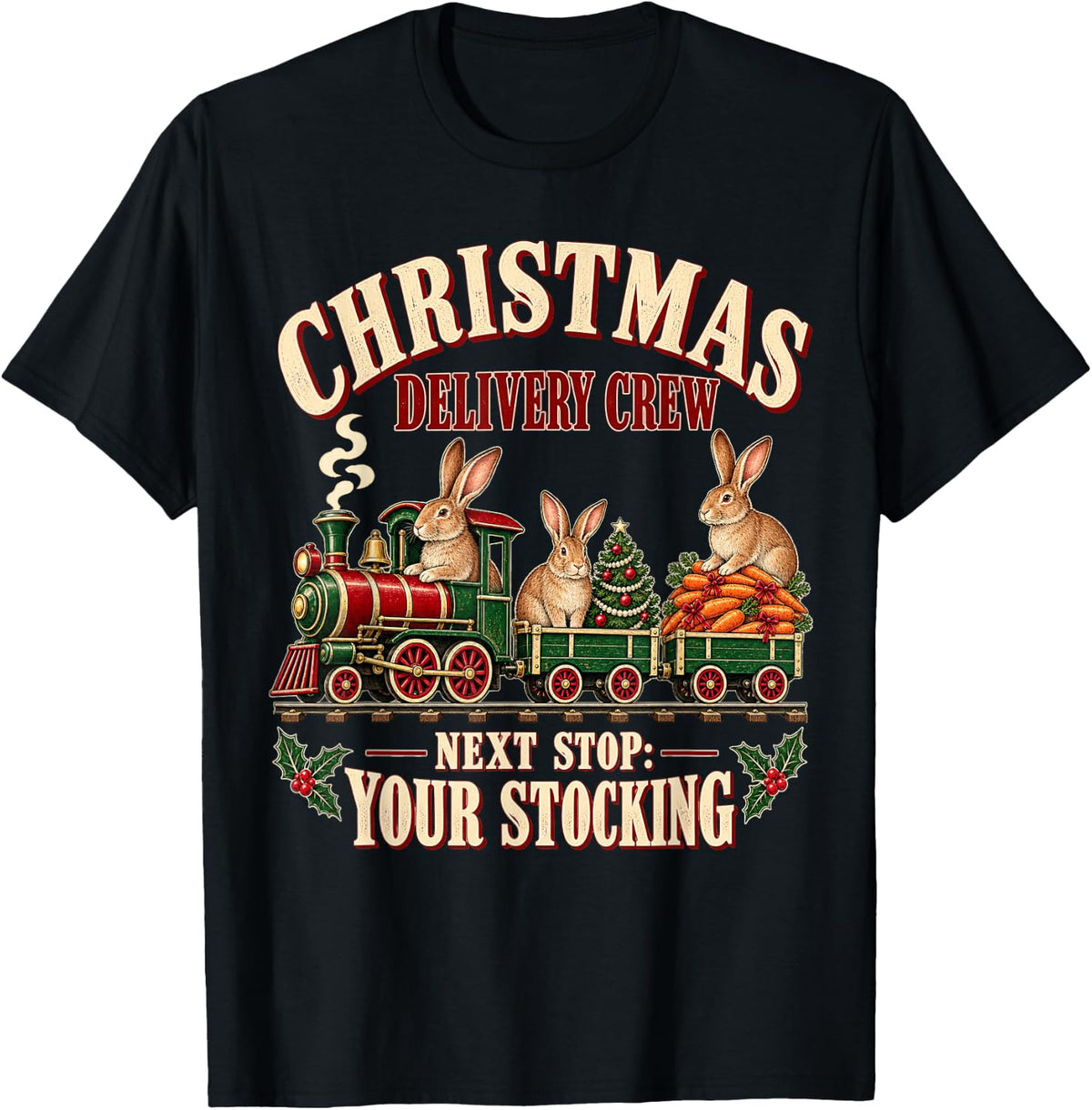 Flemish Giant Rabbit Retro Christmas Train T-Shirt - Black