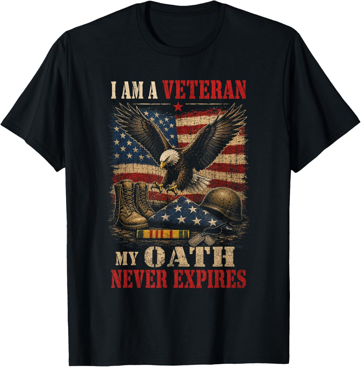 Proud Veteran My Oath Never Expires Bald Eagle Flag T-Shirt - Black
