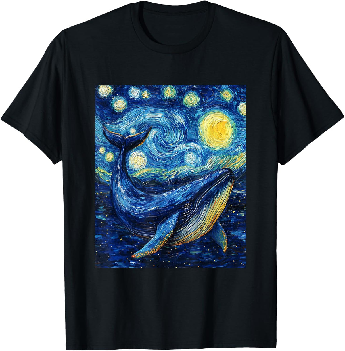 Whale Fish Van Gogh Style Starry Night Sea Graphic T-Shirt - Black