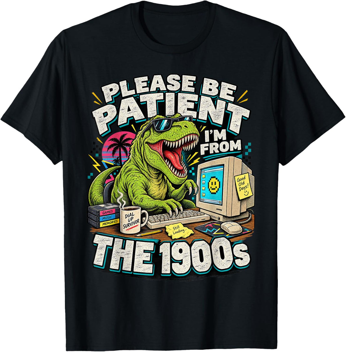 Please Be Patient 1900s Dinosaur Retro Computer Funny Art T-Shirt - Black