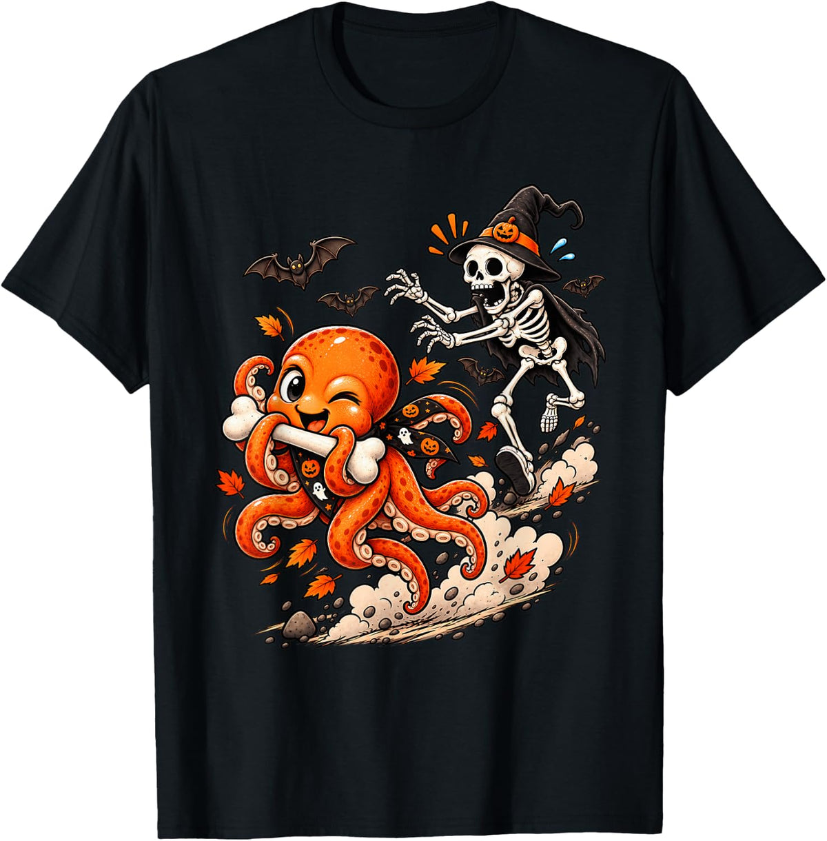 Funny Octopus Chased by Witch Skeleton Halloween Men Women T-Shirt - Black