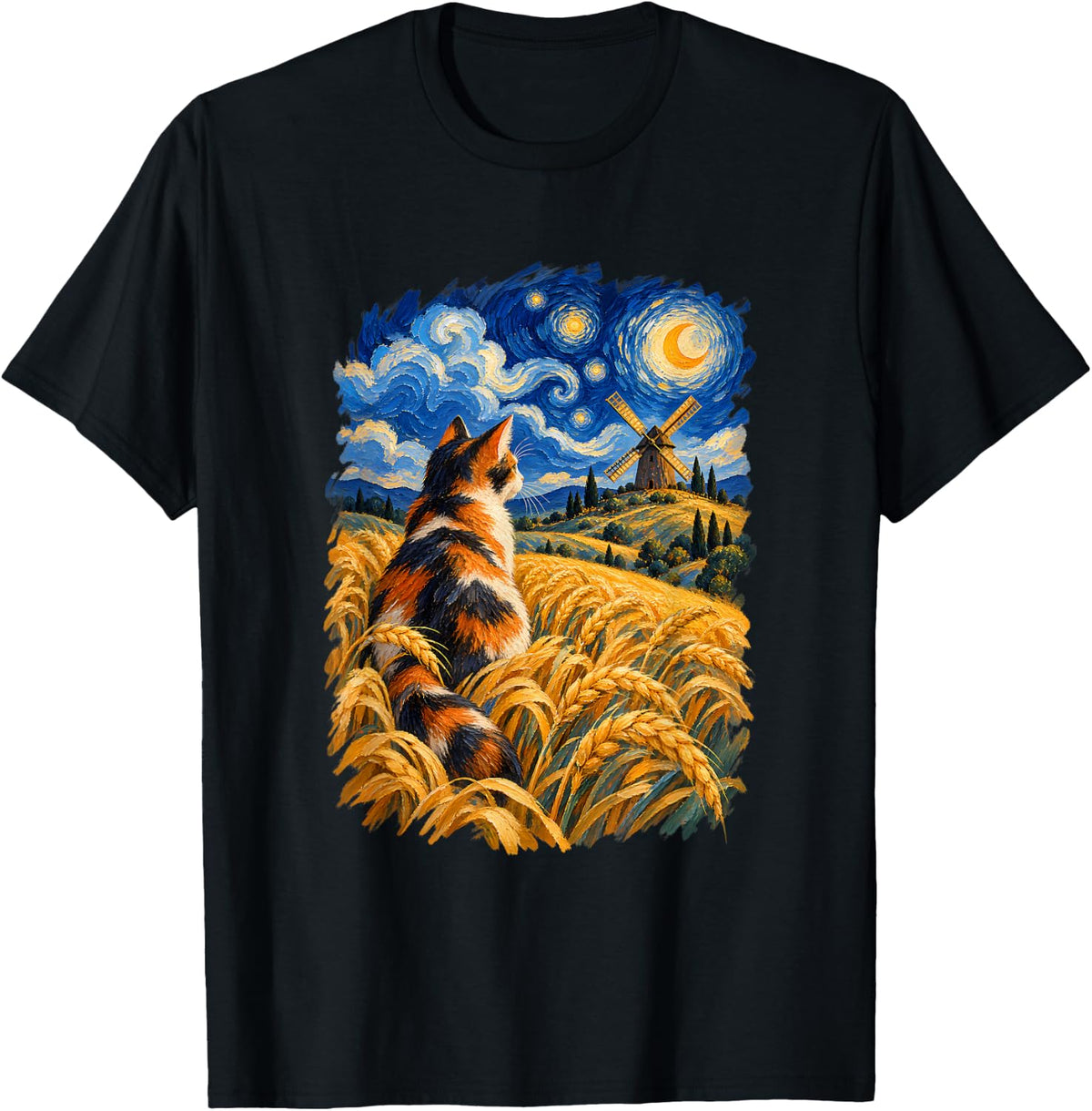 Calico Cat Wheat Field Van Gogh Inspired Starry Night Scene T-Shirt - Black