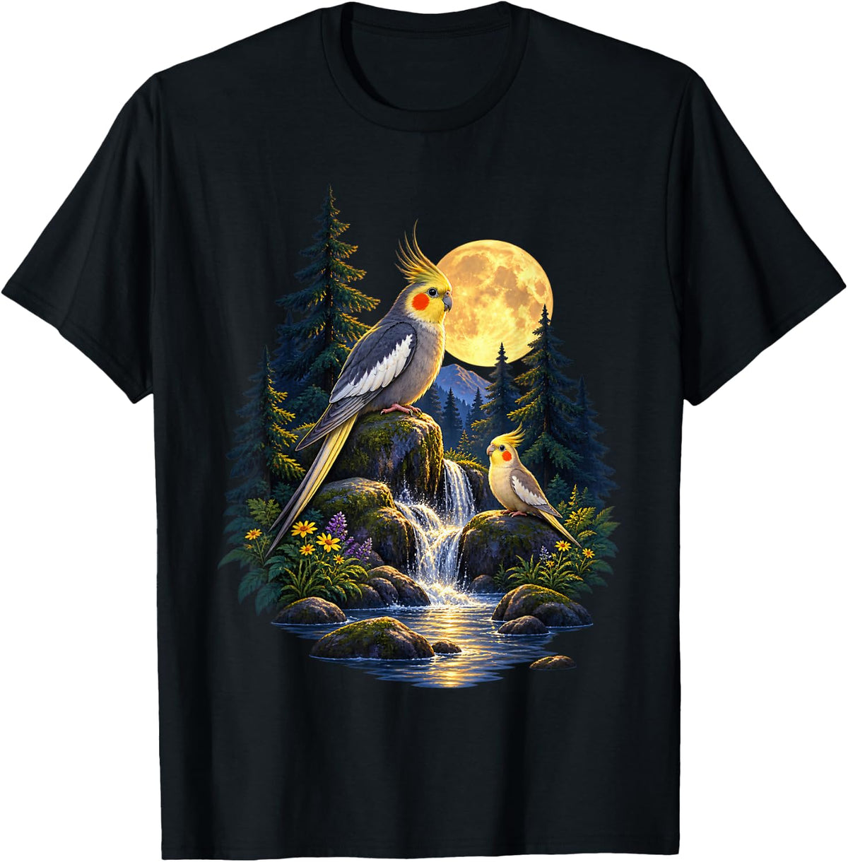 Cockatiels At A Moonlit Waterfall T-Shirt - Black