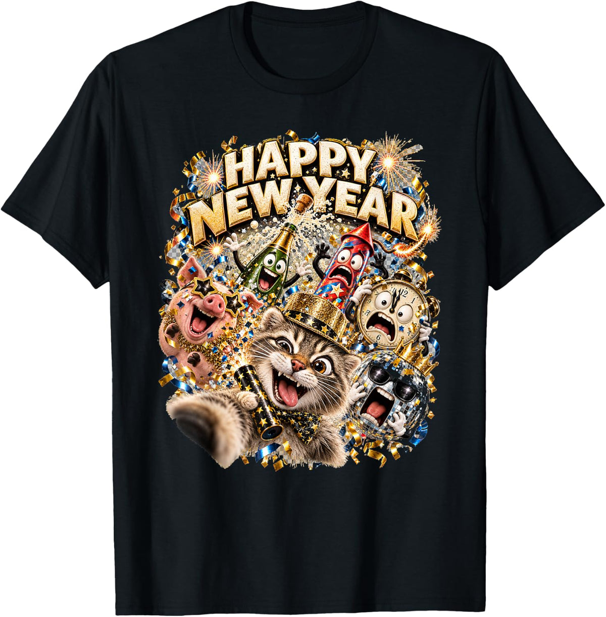 Happy New Year Cat Selfie Gold Confetti Party Art T-Shirt - Black