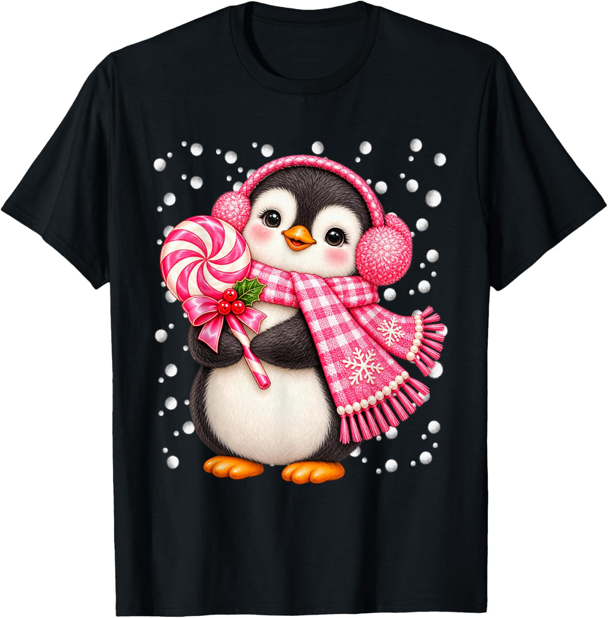 Snowy Penguin with Lollipop Festive Winter Pink Christmas T-Shirt - Black