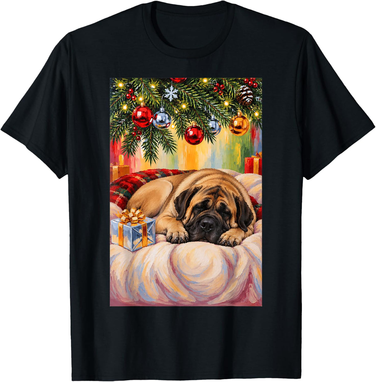Funny English Mastiff Dog Sleeping Christmas Tree T-Shirt - Black