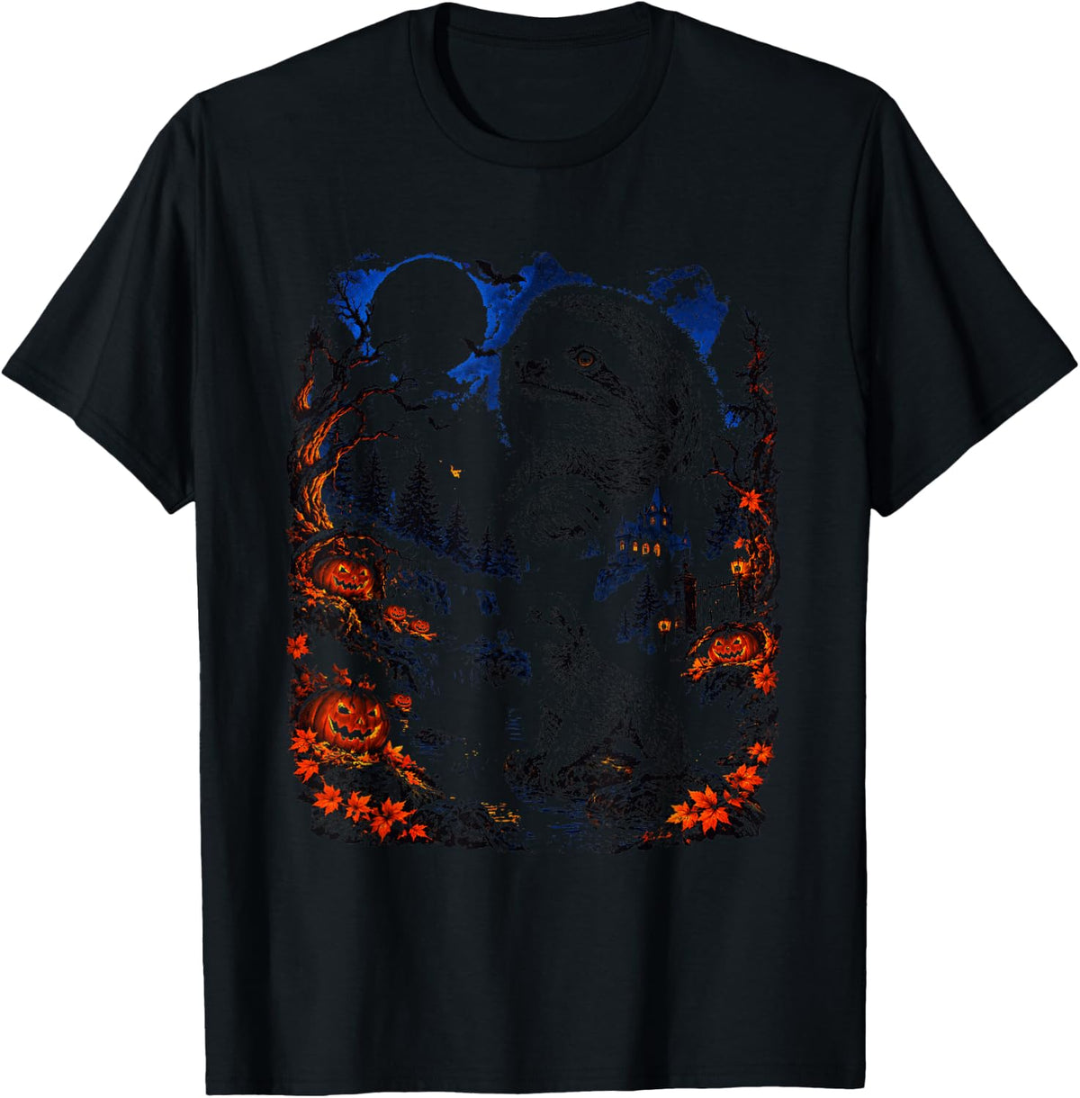 Sloth Halloween Moon Pumpkin Wildlife T-Shirt - Black