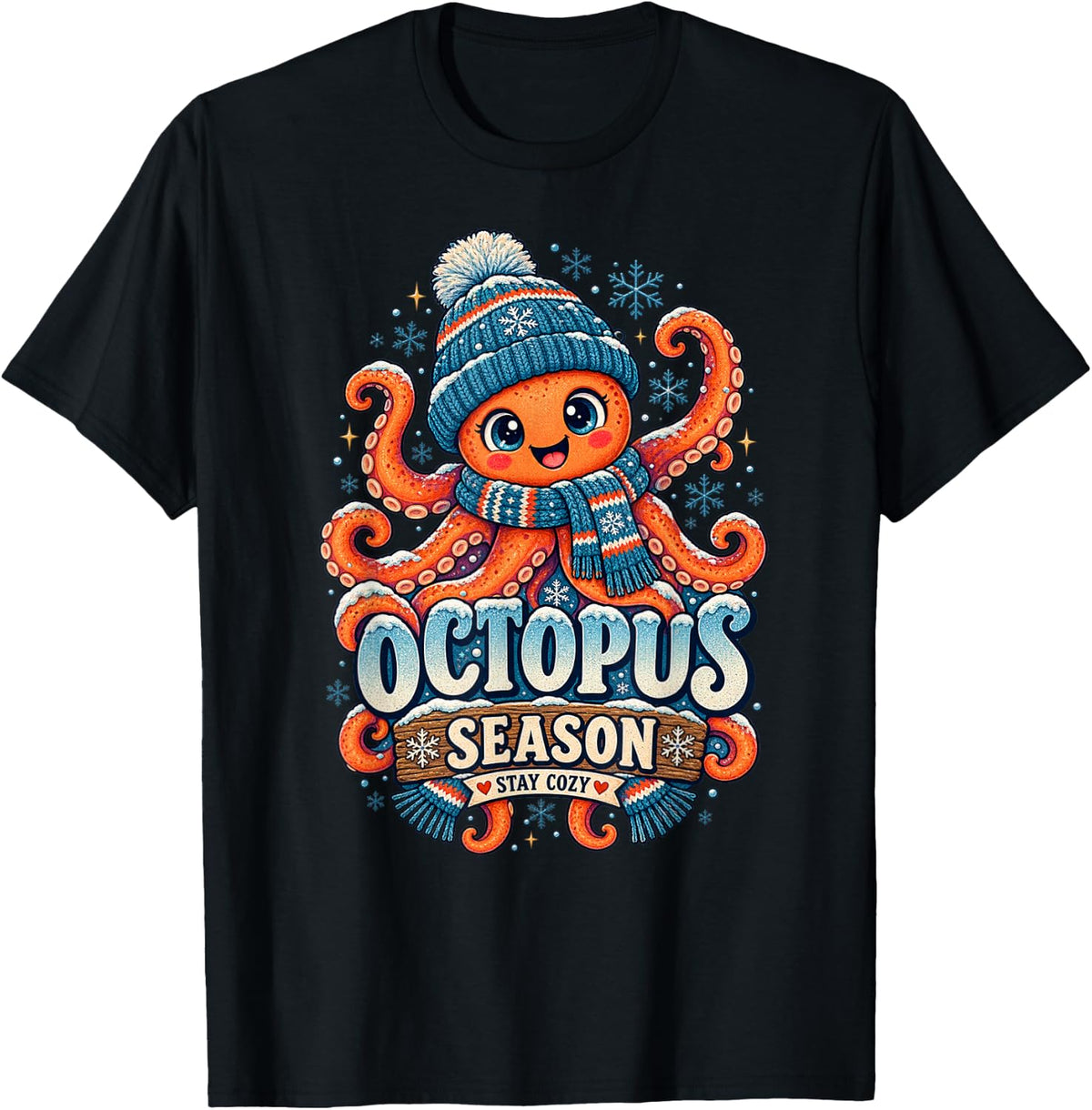 Winter Octopus Wearing Beanie Cute Ocean Animal T-Shirt - Black