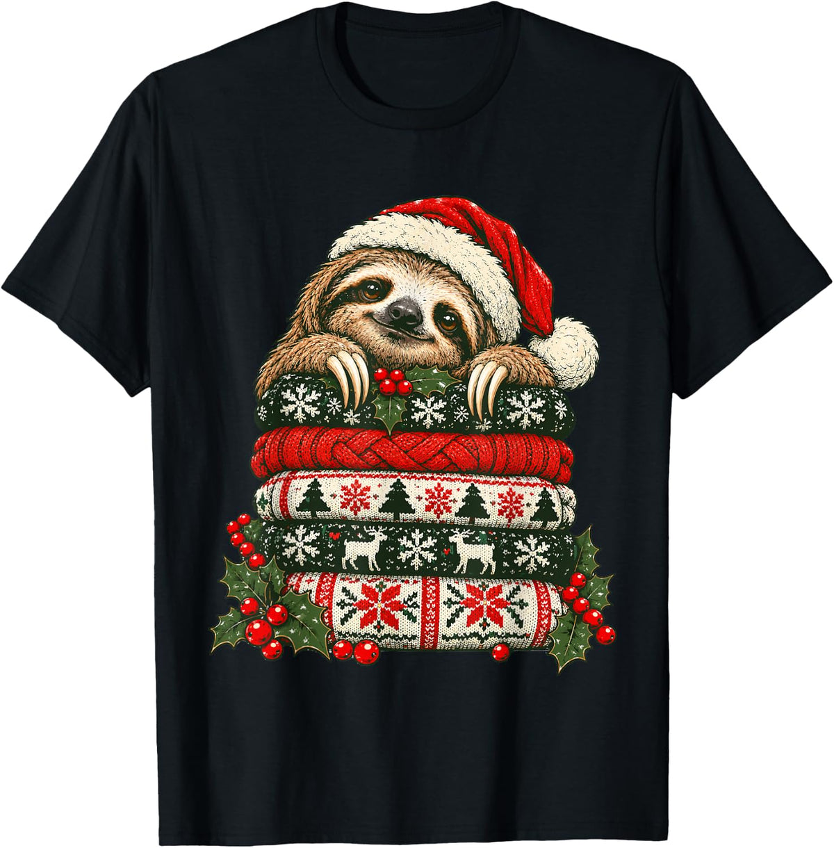 Cozy Christmas Sloth with Festive Sweaters Holly Berries T-Shirt - Black