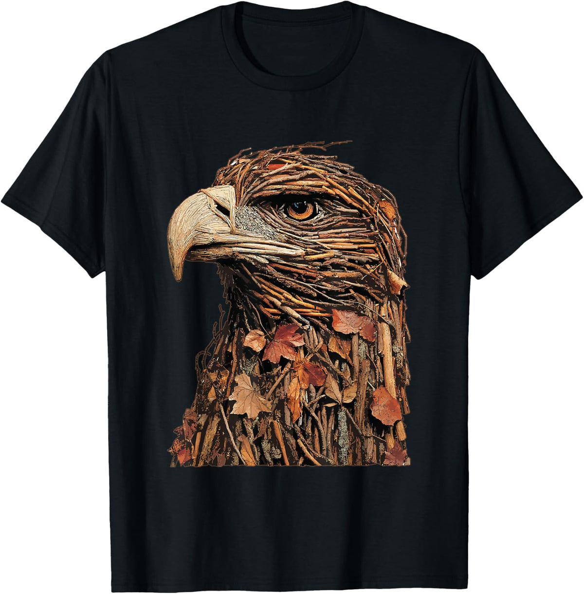 Rustic Bald Eagle with Twigs Fall Leaves Autumn Animal Art T-Shirt - Black