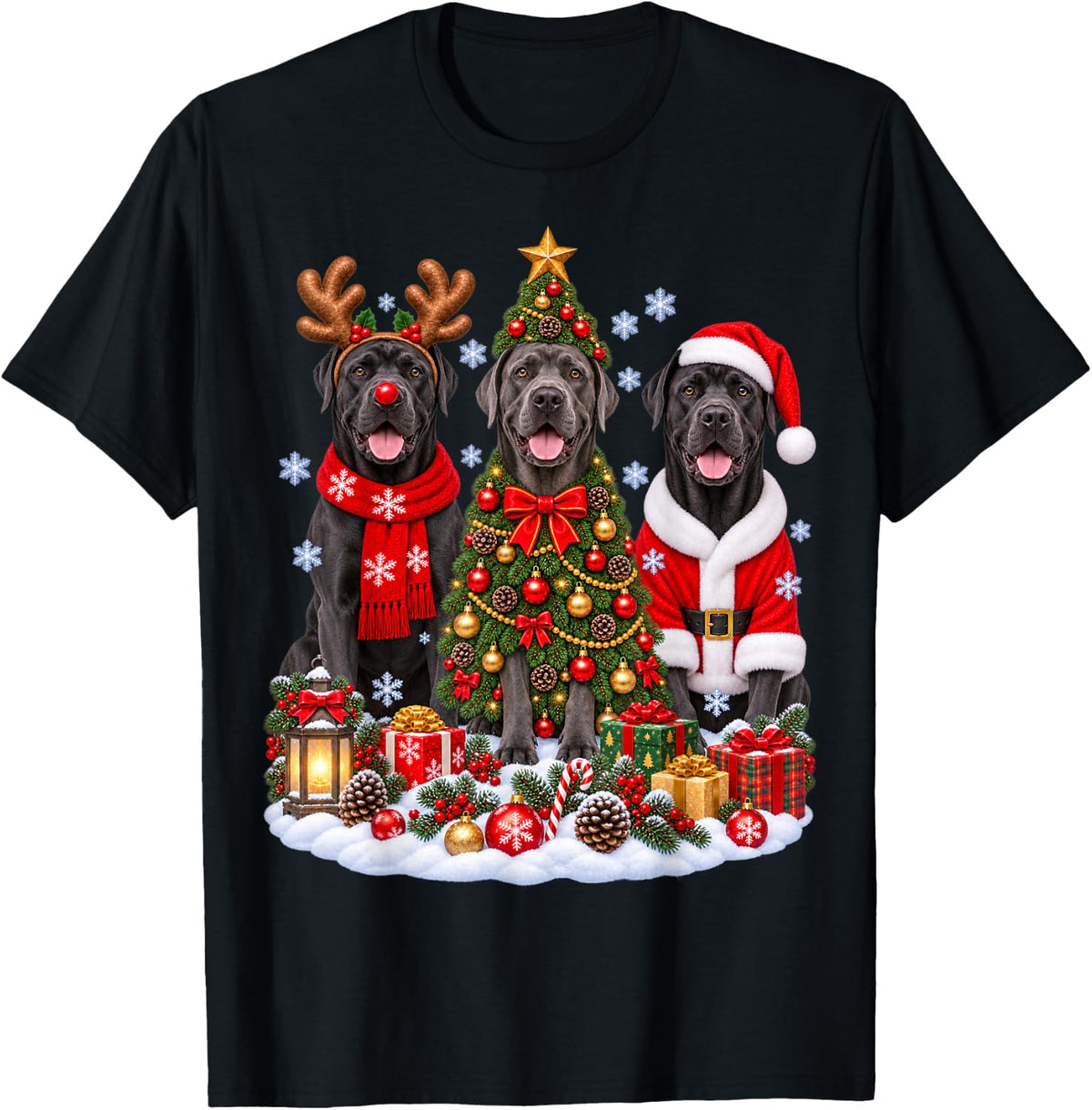 Retro Christmas Cane Corso Santa Reindeer Dog Lover T-Shirt - Black