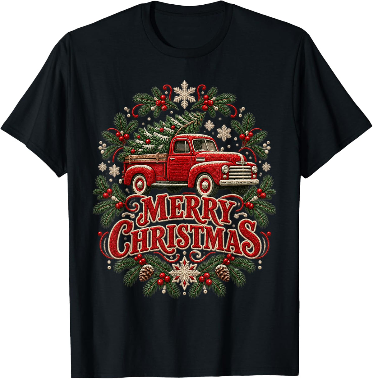 Merry Christmas Red Pickup Joyful Folk Embroidery Pine Trees T-Shirt - Black