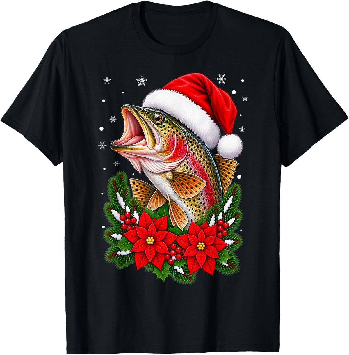 Trout Fishing Festive Floral Santa Hat Trout Fish Christmas T-Shirt - Black