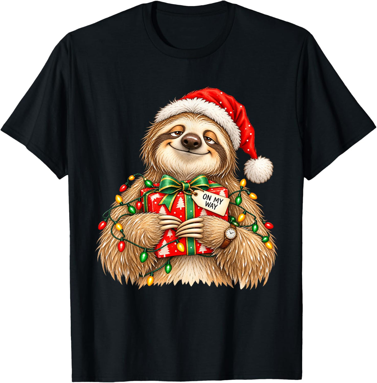 Funny Christmas Sloth On My Way Santa Hat Holiday Lights T-Shirt - Black