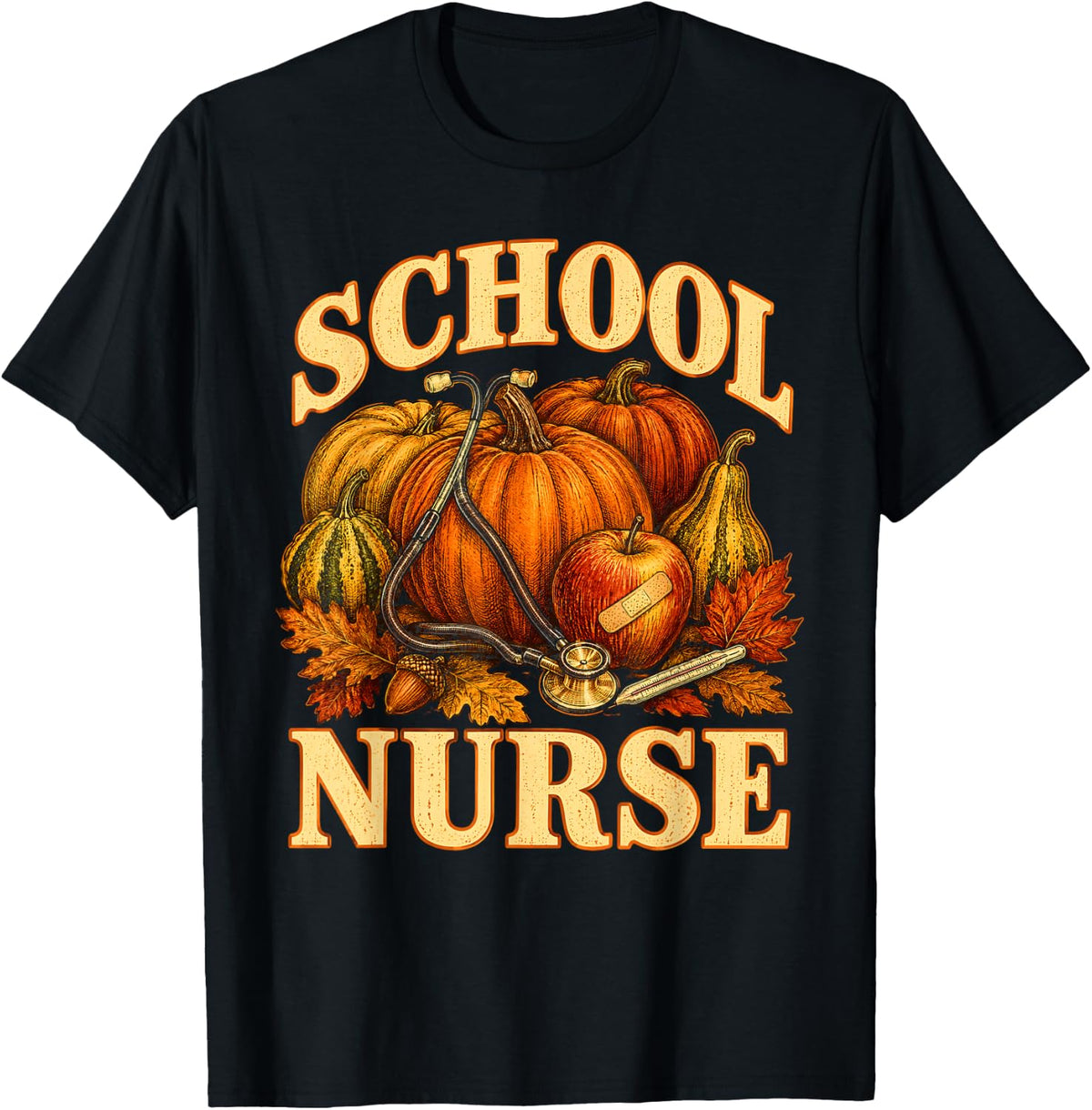 School Nurse Autumn Pumpkins Stethoscope Apple Vintage Fall T-Shirt - Black