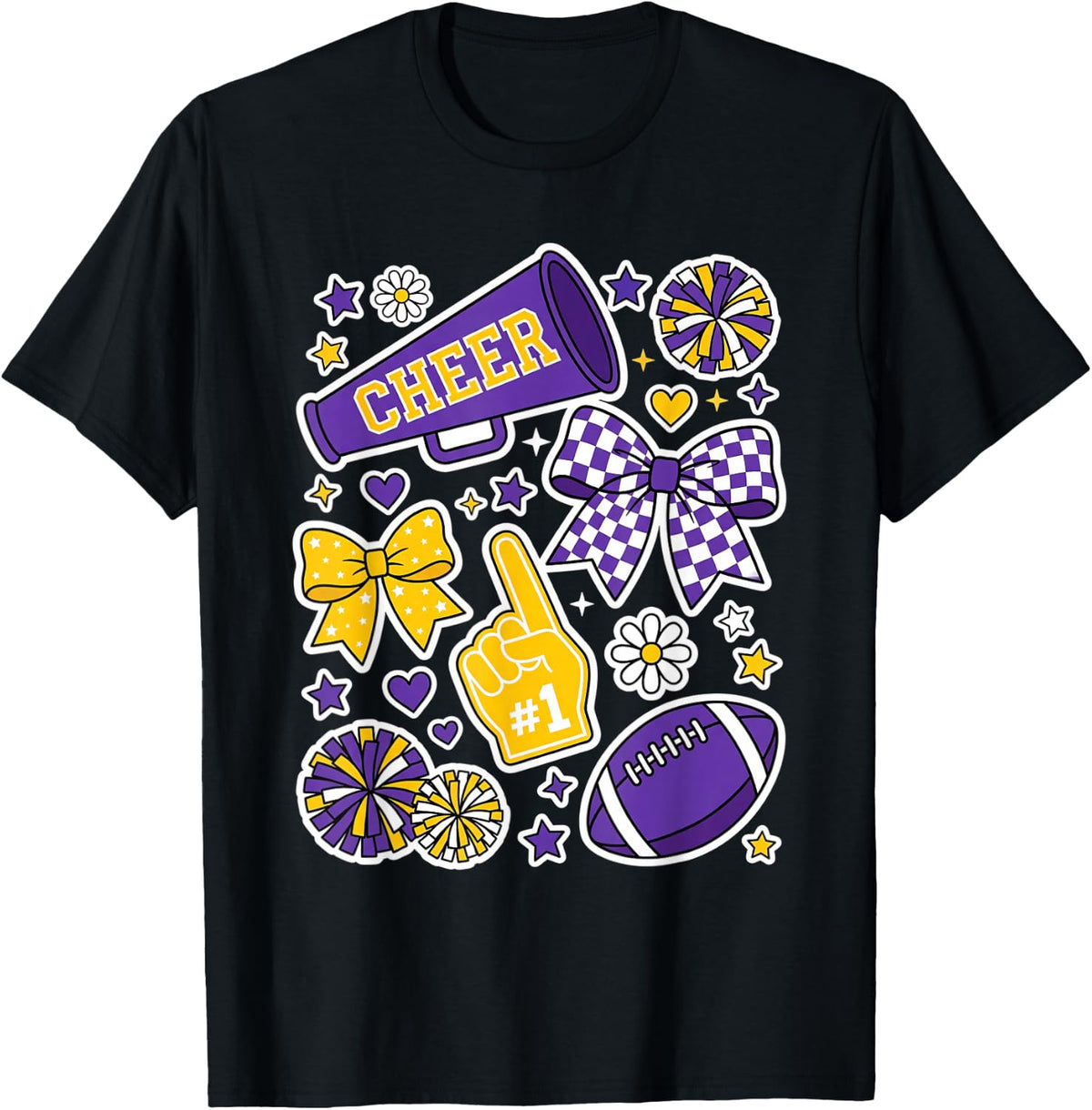 Cheer #1 Football Cheerleader Megaphone Bows Pom Poms T-Shirt - Black