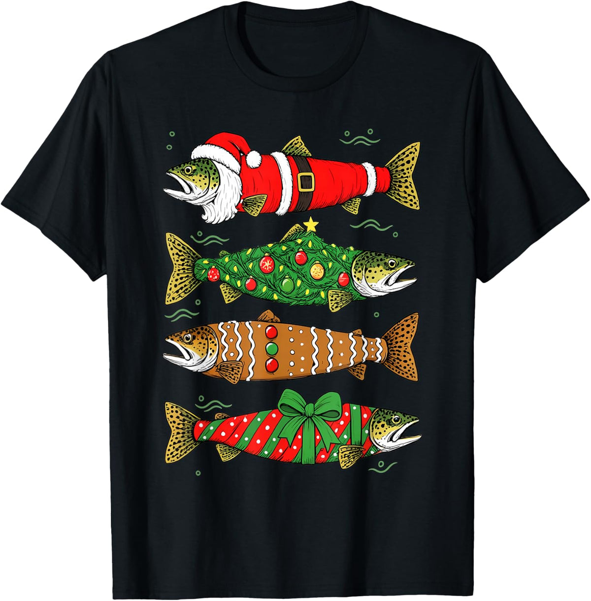 Christmas Rainbow Trout Fishing Lover Fisherman Xmas Funny T-Shirt - Black