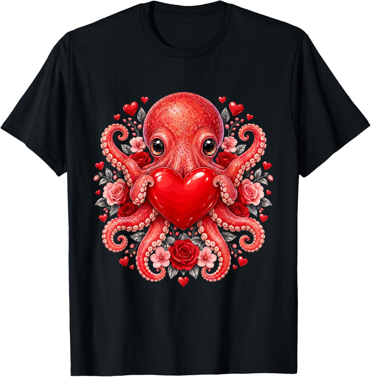 Valentine Rose Heart - Octopus T-Shirt - Black
