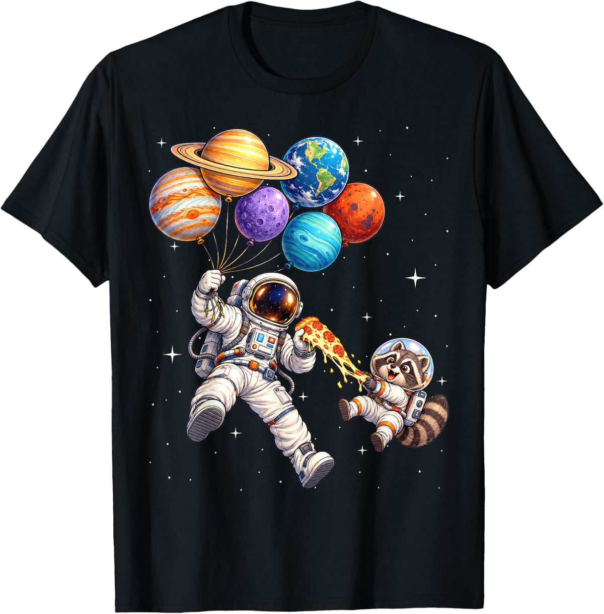 Astronaut with Raccoon Eating Pizza and Solar System Balloon T-Shirt - Black