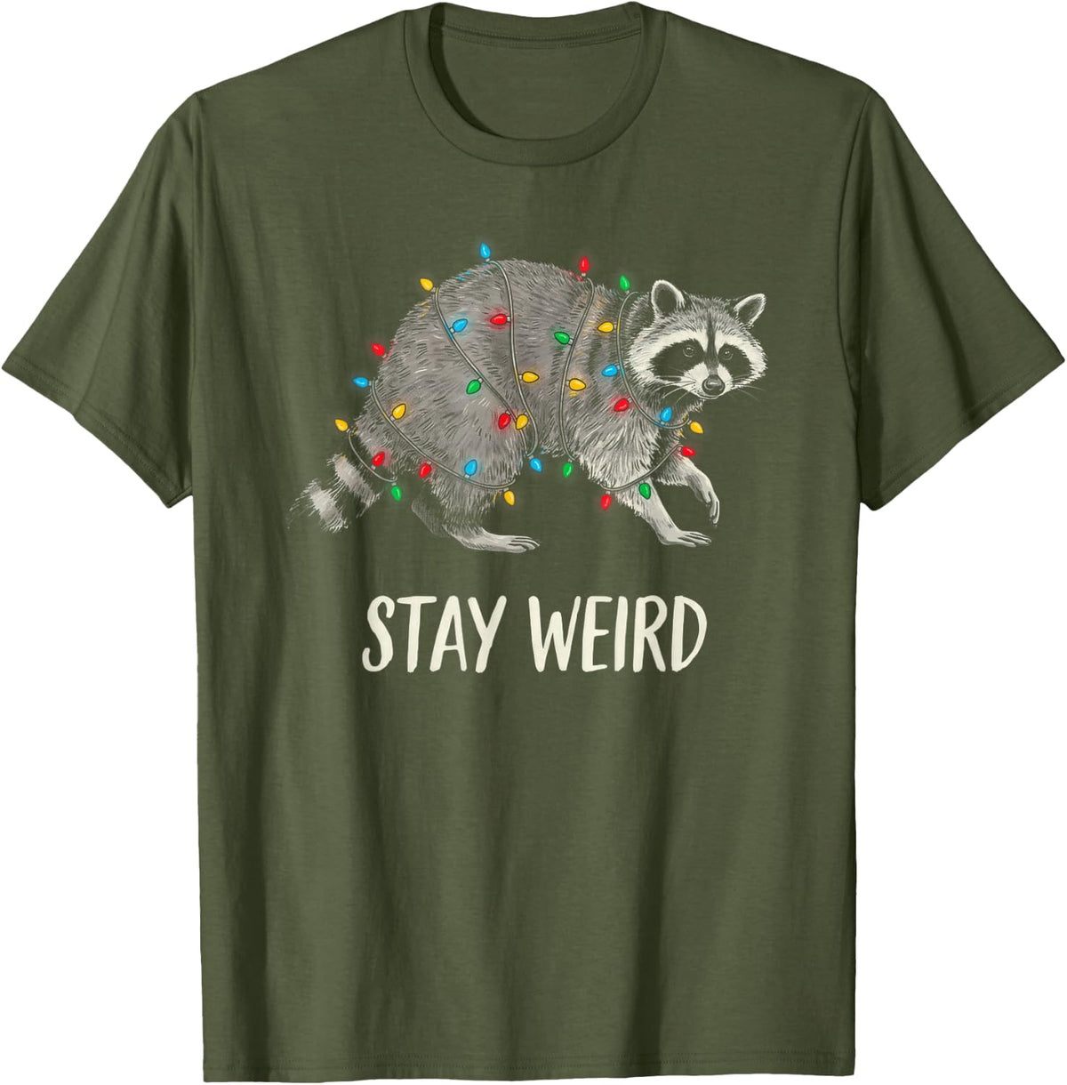 Christmas Raccoon Stay Weird Holiday Lights Trash Panda T-Shirt - Olive Green
