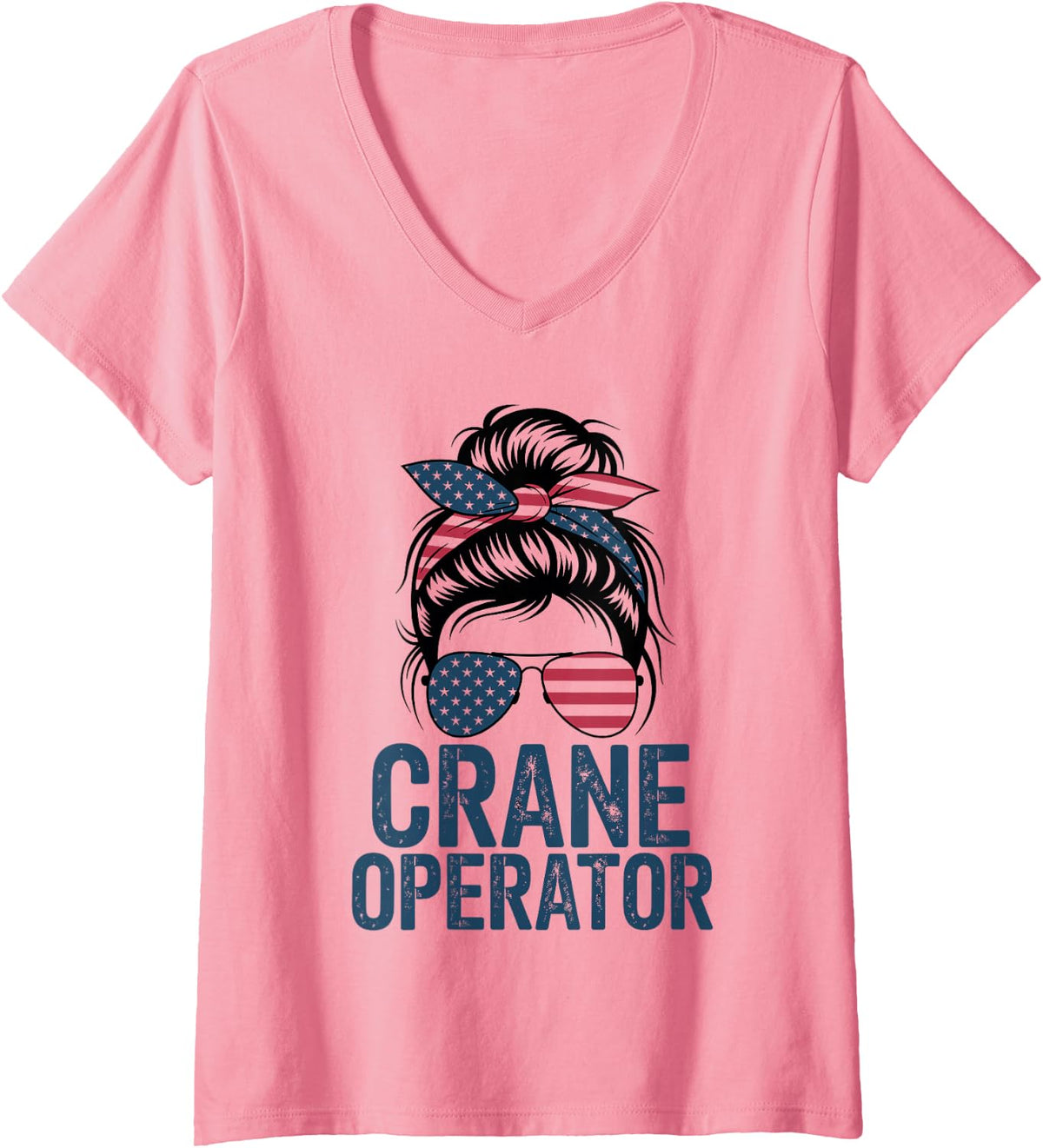 Women's Crane Operator American Flag Messy Bun V-Neck T-Shirt - Pink