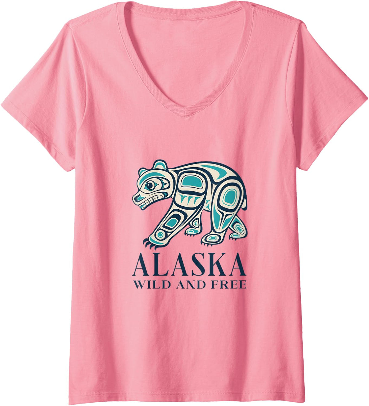 Women's Alaska State Pride Alaska Tribal Art Alaskan Bear V-Neck T-Shirt - Pink