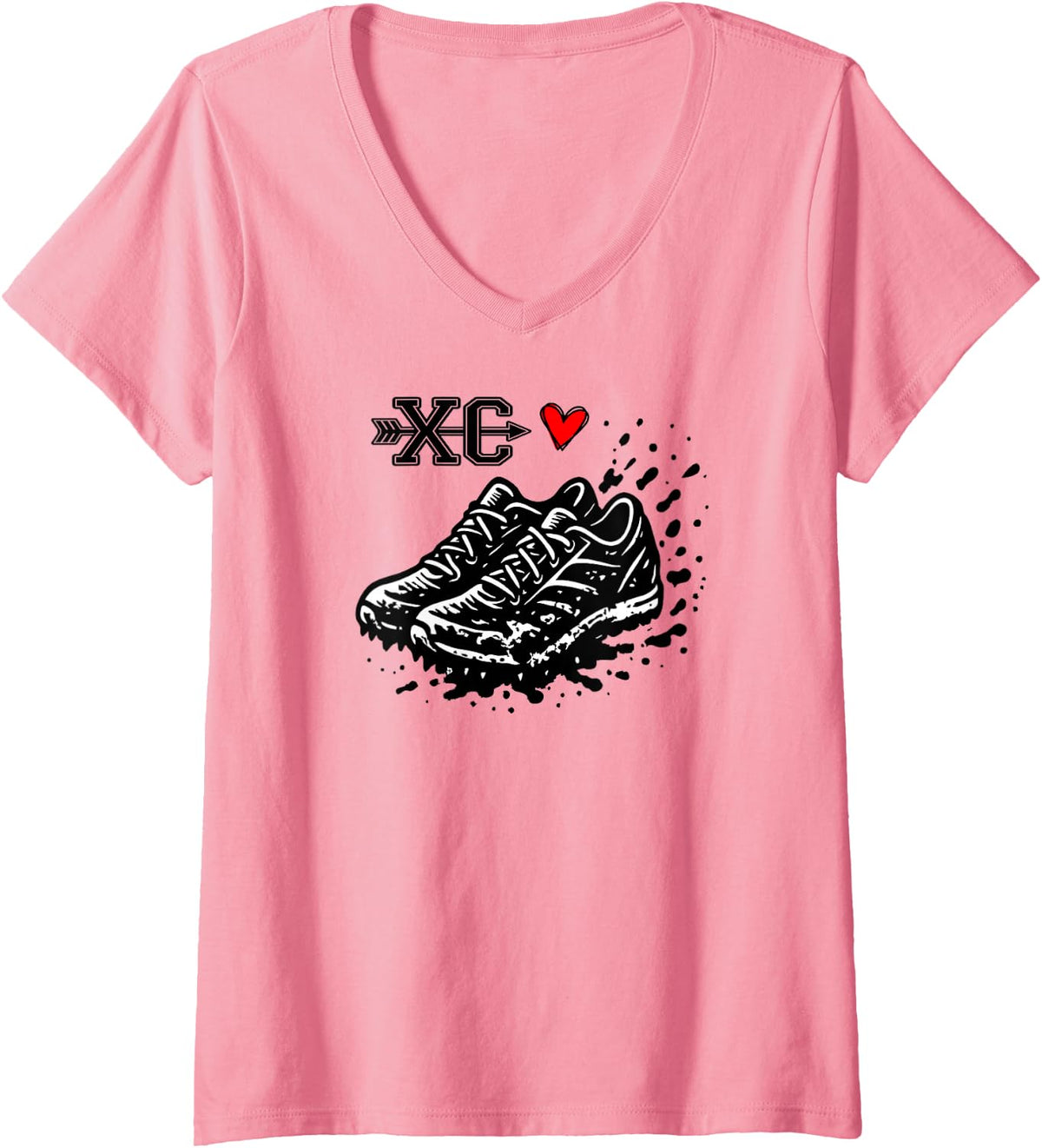 Womens Love Cross Country Running XC Runner Muddy Shoe V-Neck T-Shirt - Pink