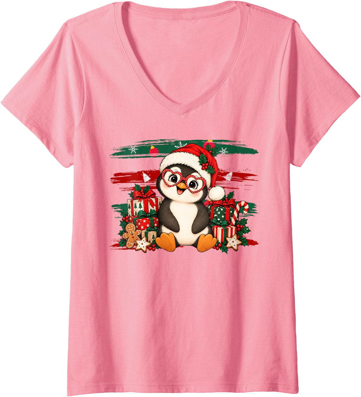 Women's Cute Penguin Heart Glasses Stripe Christmas Festive Holiday V-Neck T-Shirt - Pink