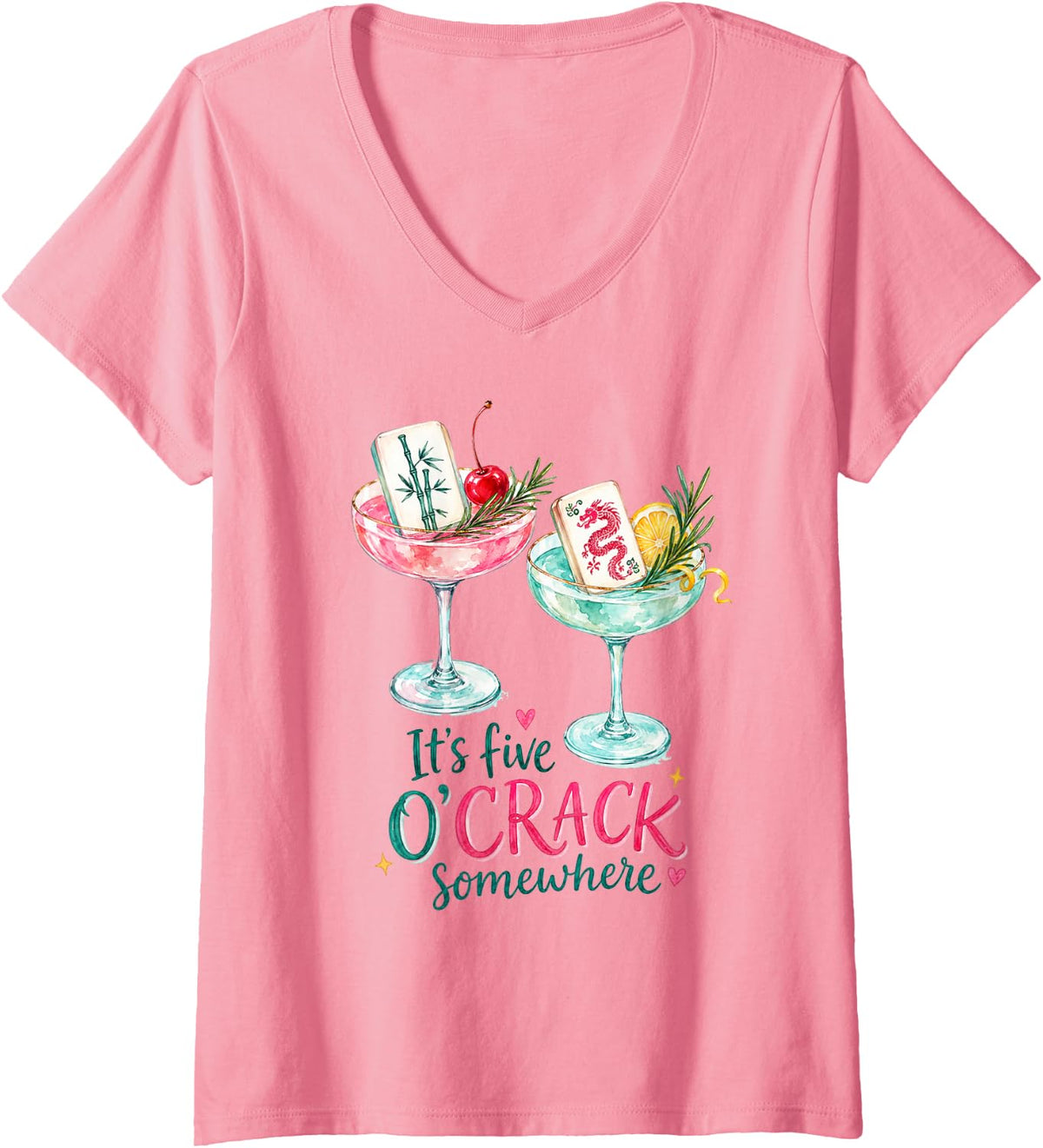Women's Mahjong Lover Cracks Dots Bams It's Five O'crack Somewhere V-Neck T-Shirt - Pink