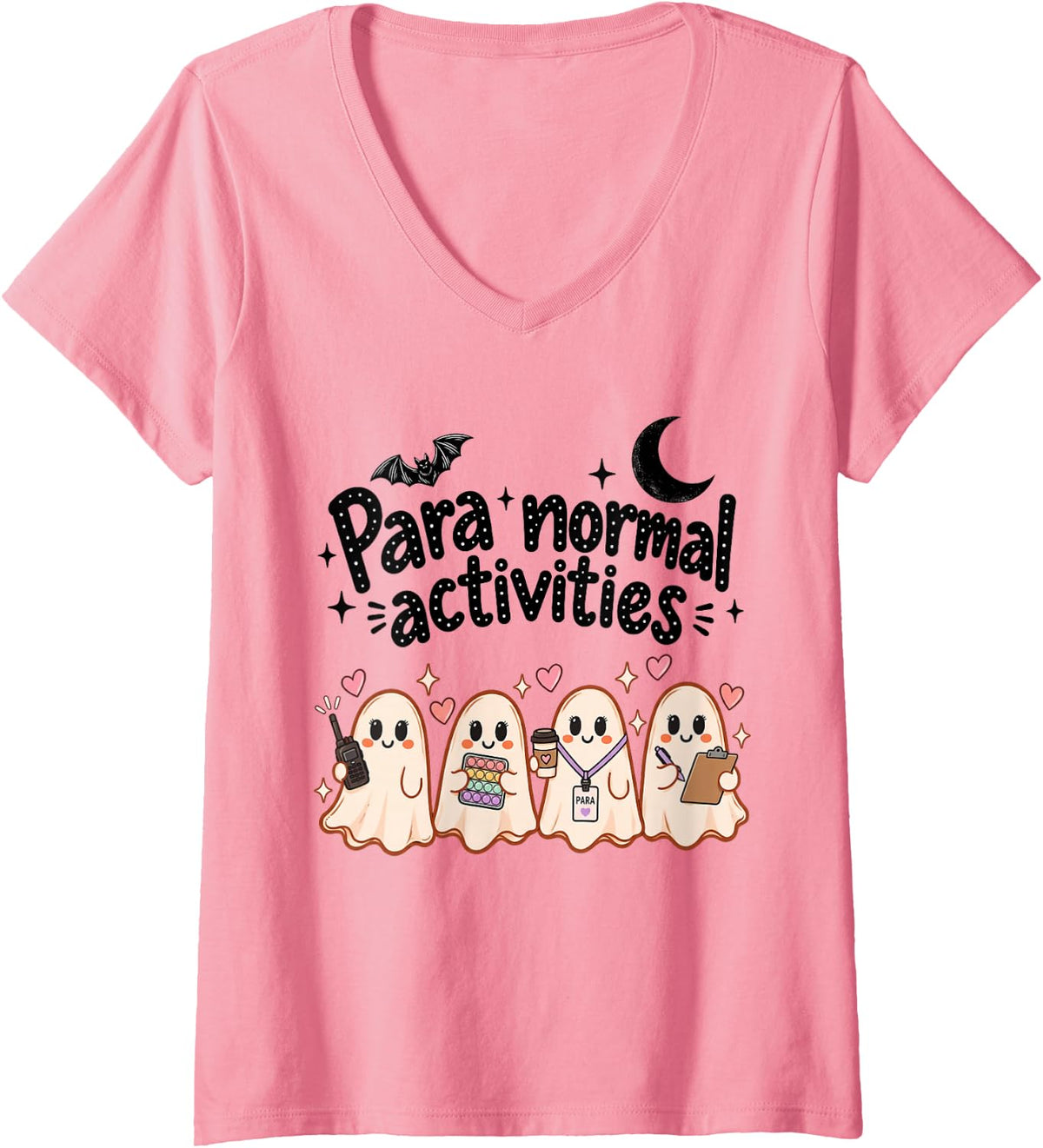Women's para Normal Activities Cute Ghost Paraprofessional Halloween V-Neck T-Shirt - Pink