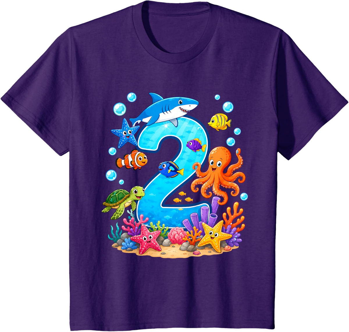 2nd Birthday Ocean Sea Animals 2 Years Birthday T-Shirt - Purple
