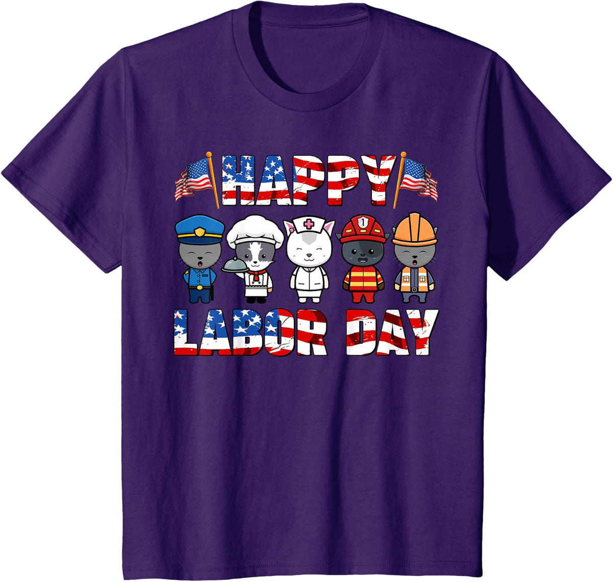 Cute Cat Union Worker Happy Labor Day USA Flag Boys Girls T-Shirt - Purple