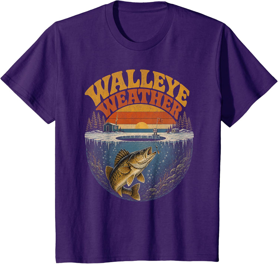 Ice Fishing Walleye Winter Retro T-Shirt - Purple