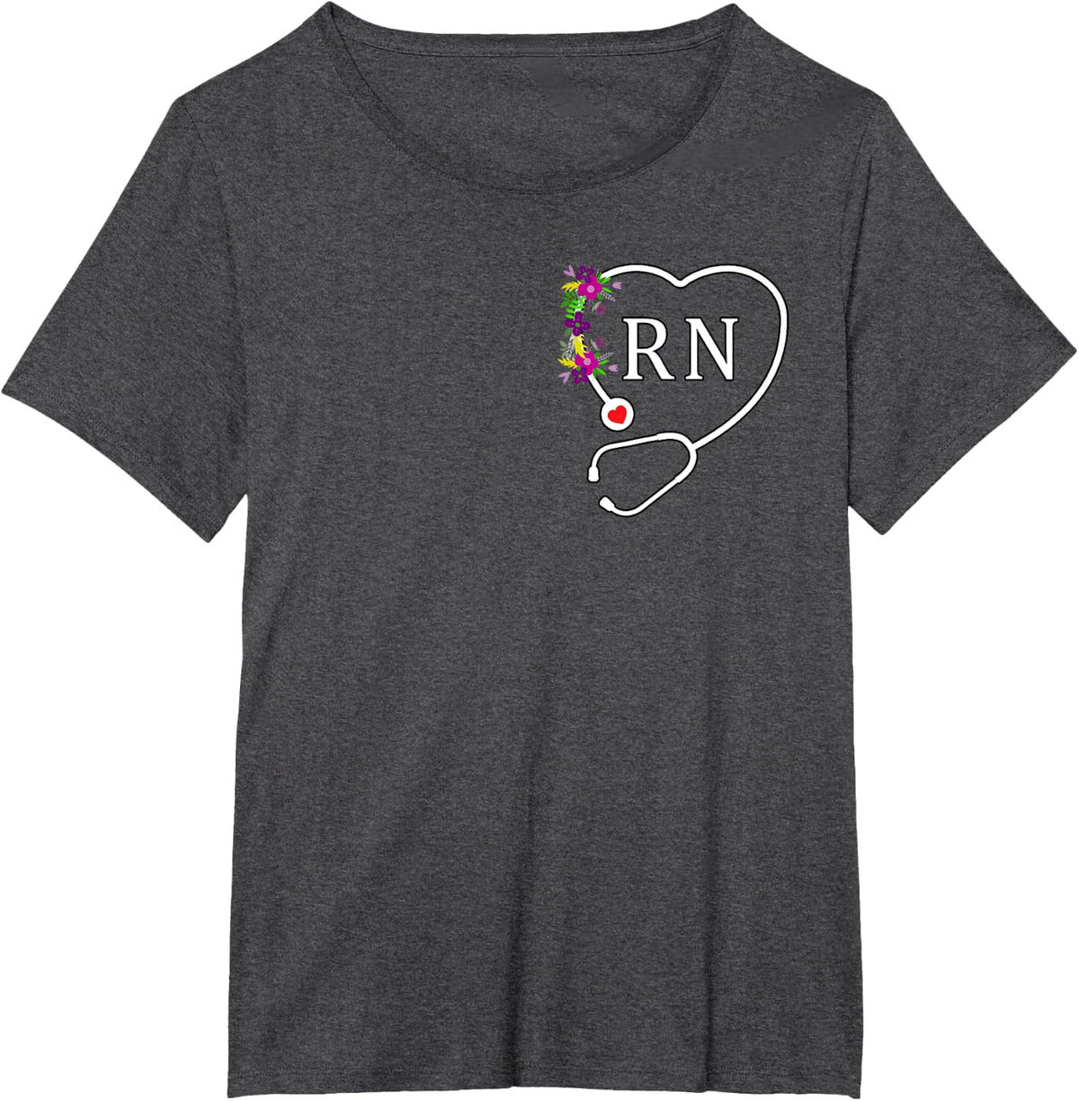 RN Registered Nurse Nursing Floral Heart Stethoscope Logo T-Shirt - Dark Heather Grey