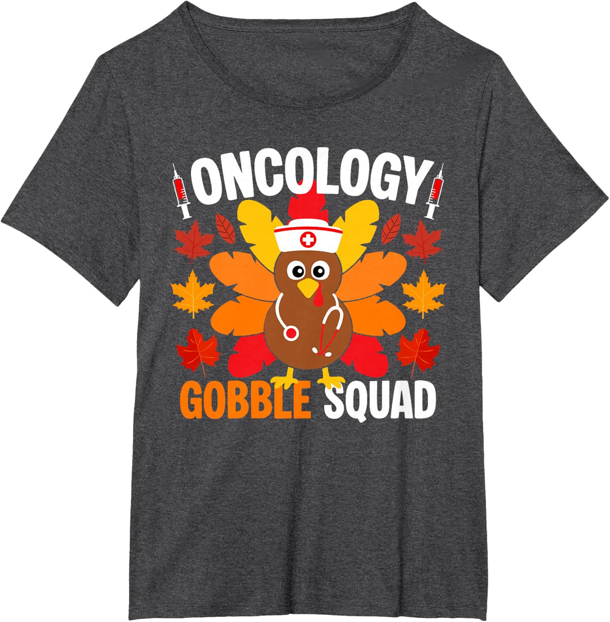 Oncology Gobble Squad Nurse Fall Turkey Thanksgiving T-Shirt - Dark Heather Grey