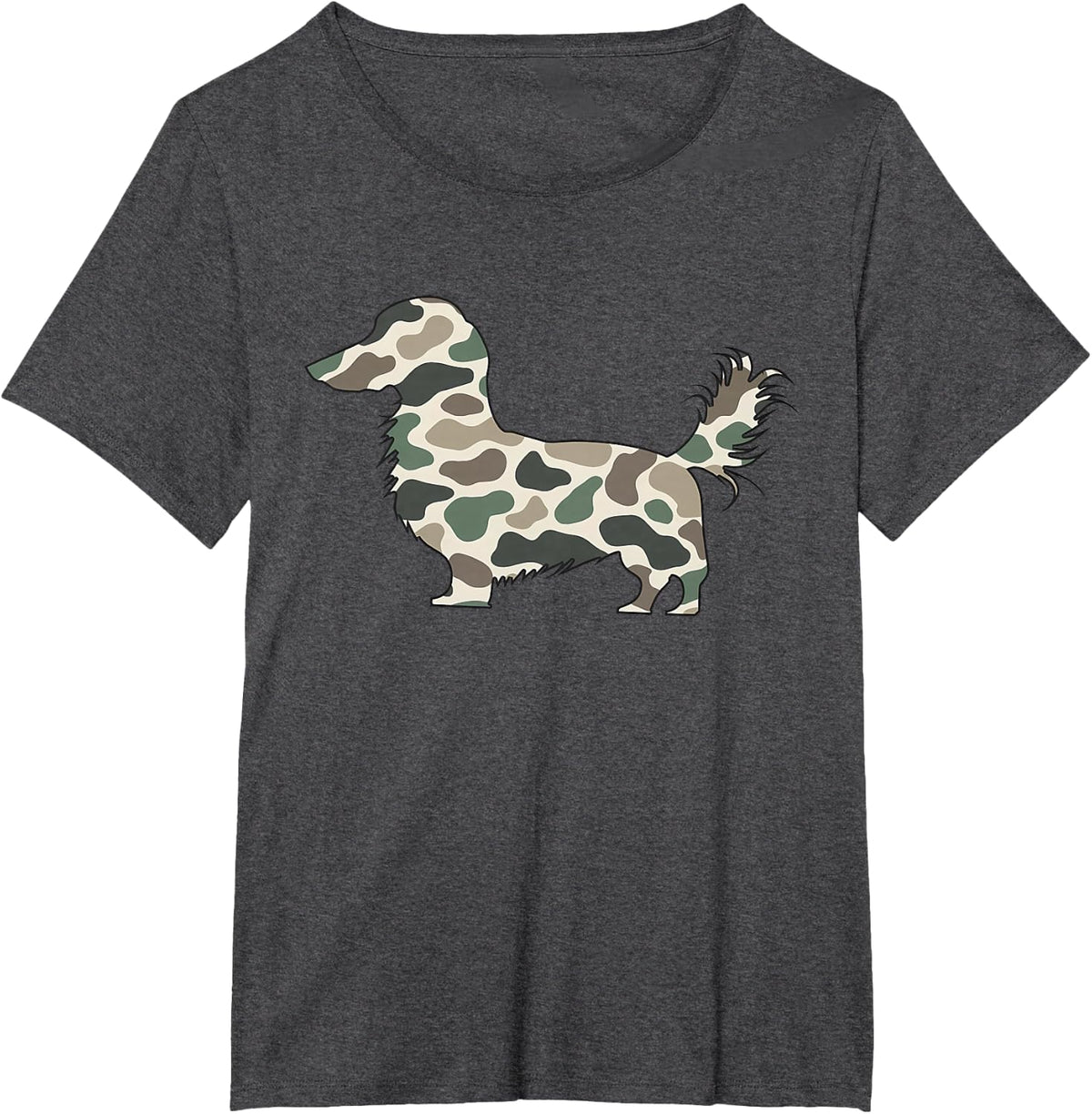 Retro Camouflage Long Hair Dachshund Wiener Dog Pet Lover T-Shirt - Dark Heather Grey