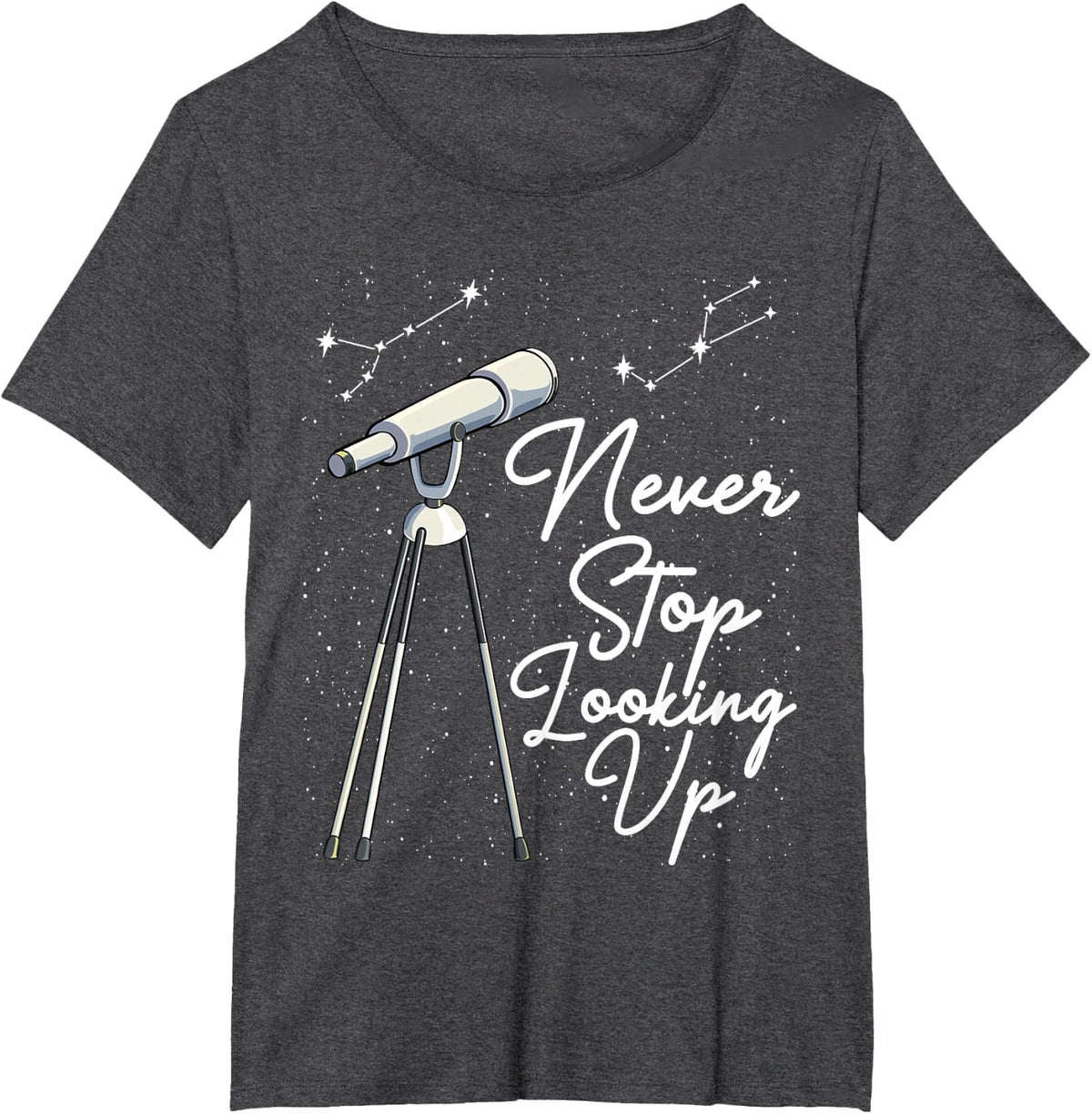 Never Stop Looking Up Binoculars Telescope Stars Galaxy Astro T-Shirt - Dark Heather Grey