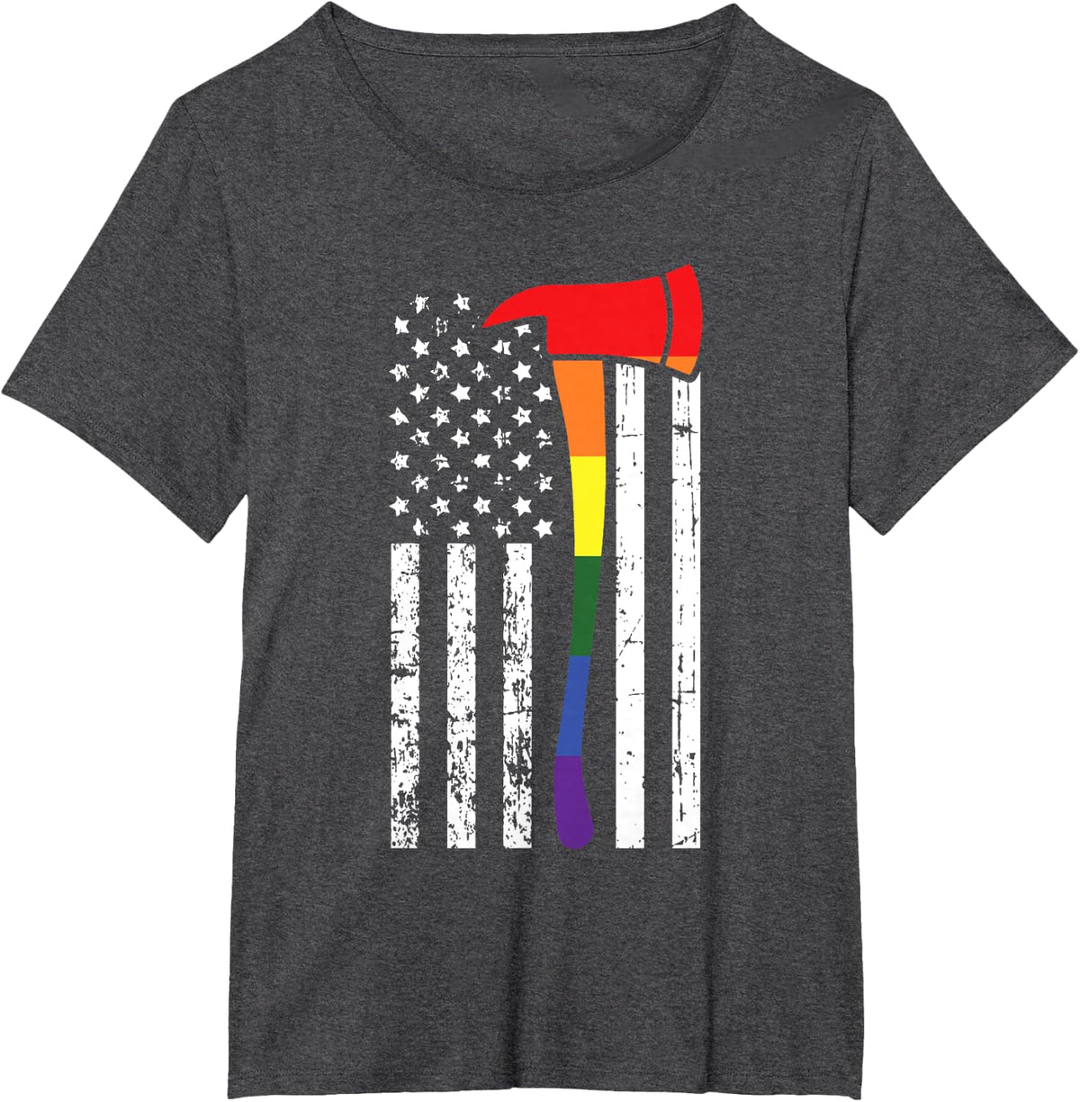 Firefighter American Flag LGBT-Q Gay Pride Flag Fireman Ally T-Shirt - Dark Heather Grey