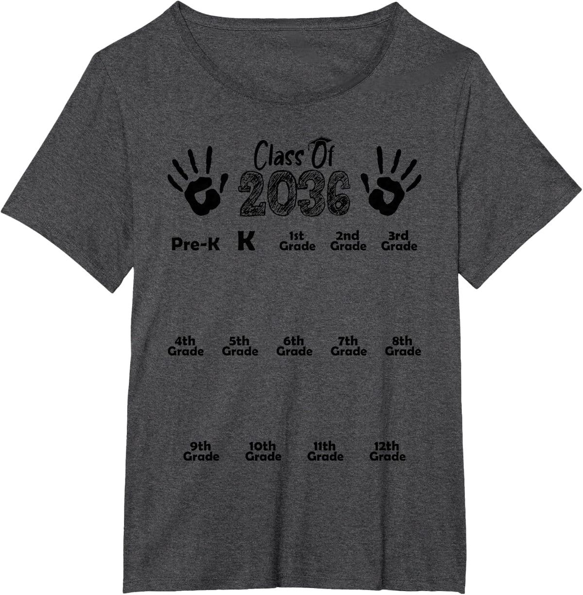 Class of 2036 Grow With Me White Handprint Pre-K 12th Grade T-Shirt - Dark Heather Grey