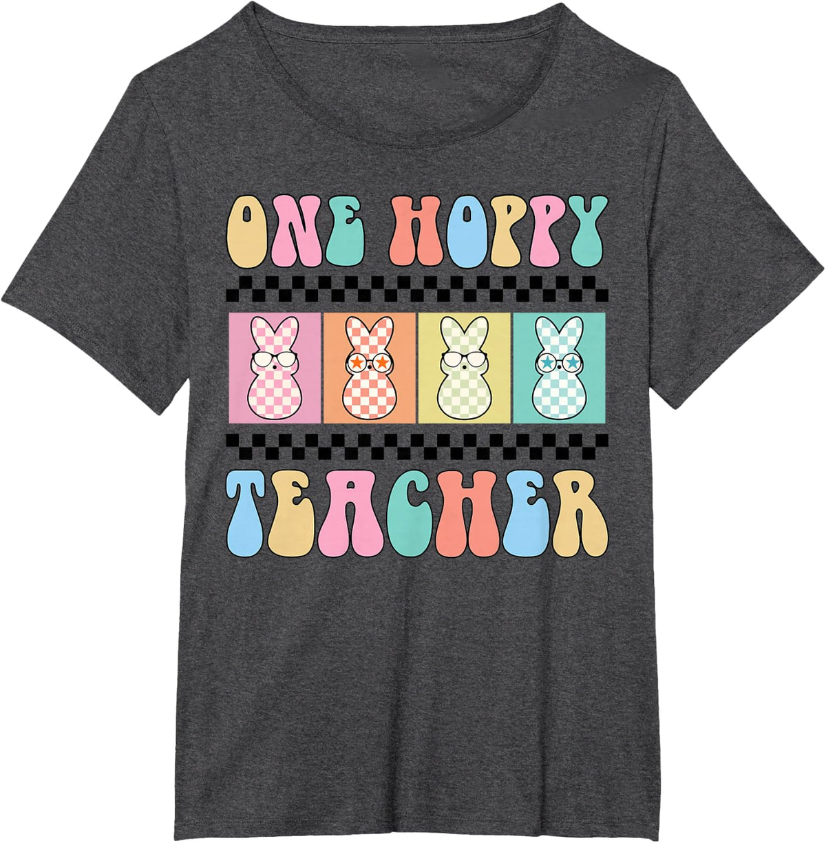 One Hoppy Teacher Bunny Easter Day Groovy Retro Boy Girl T-Shirt - Dark Heather Grey