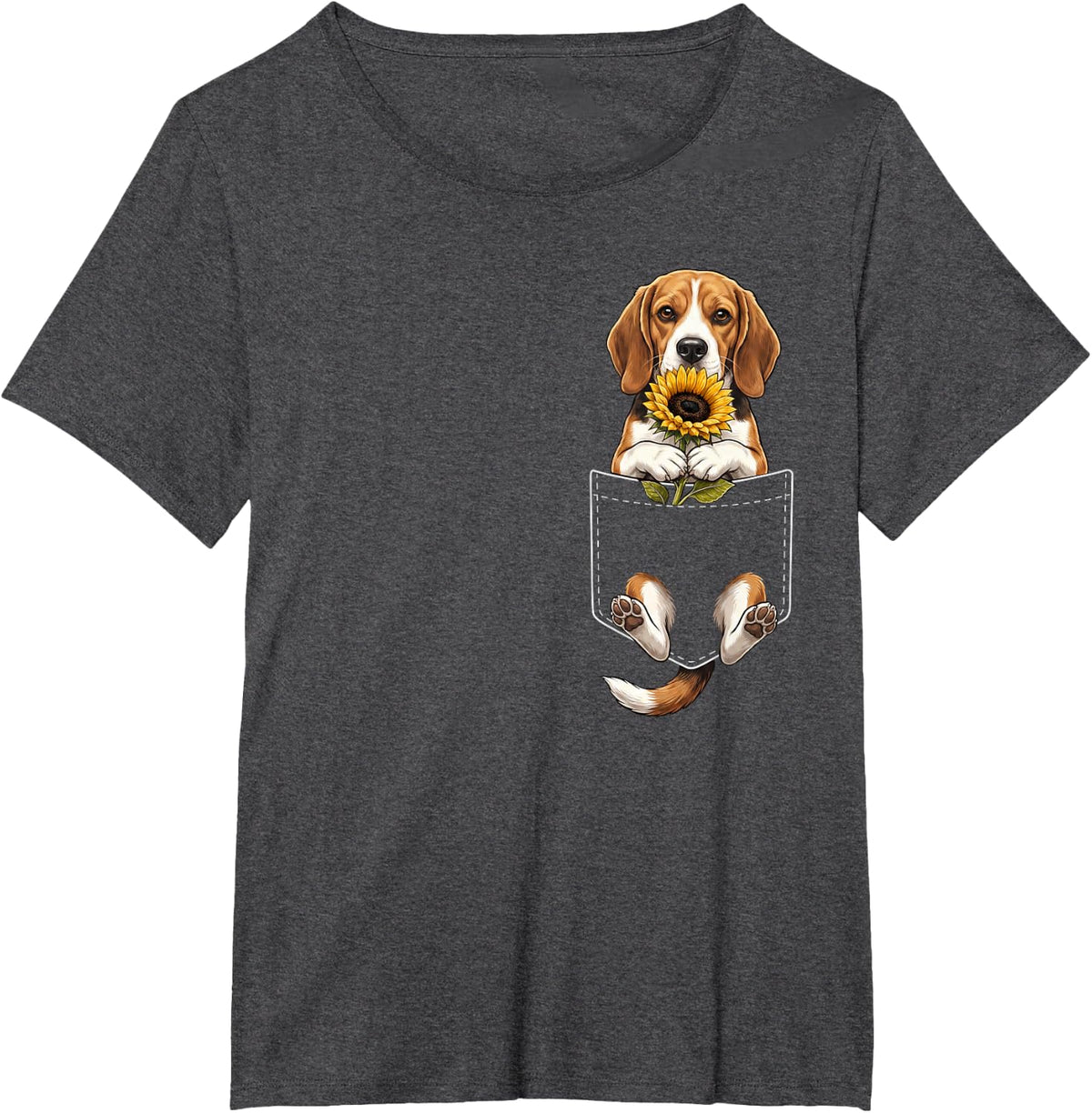 Beagle Sunflower Pocket Floral Dog Lover T-Shirt - Dark Heather Grey