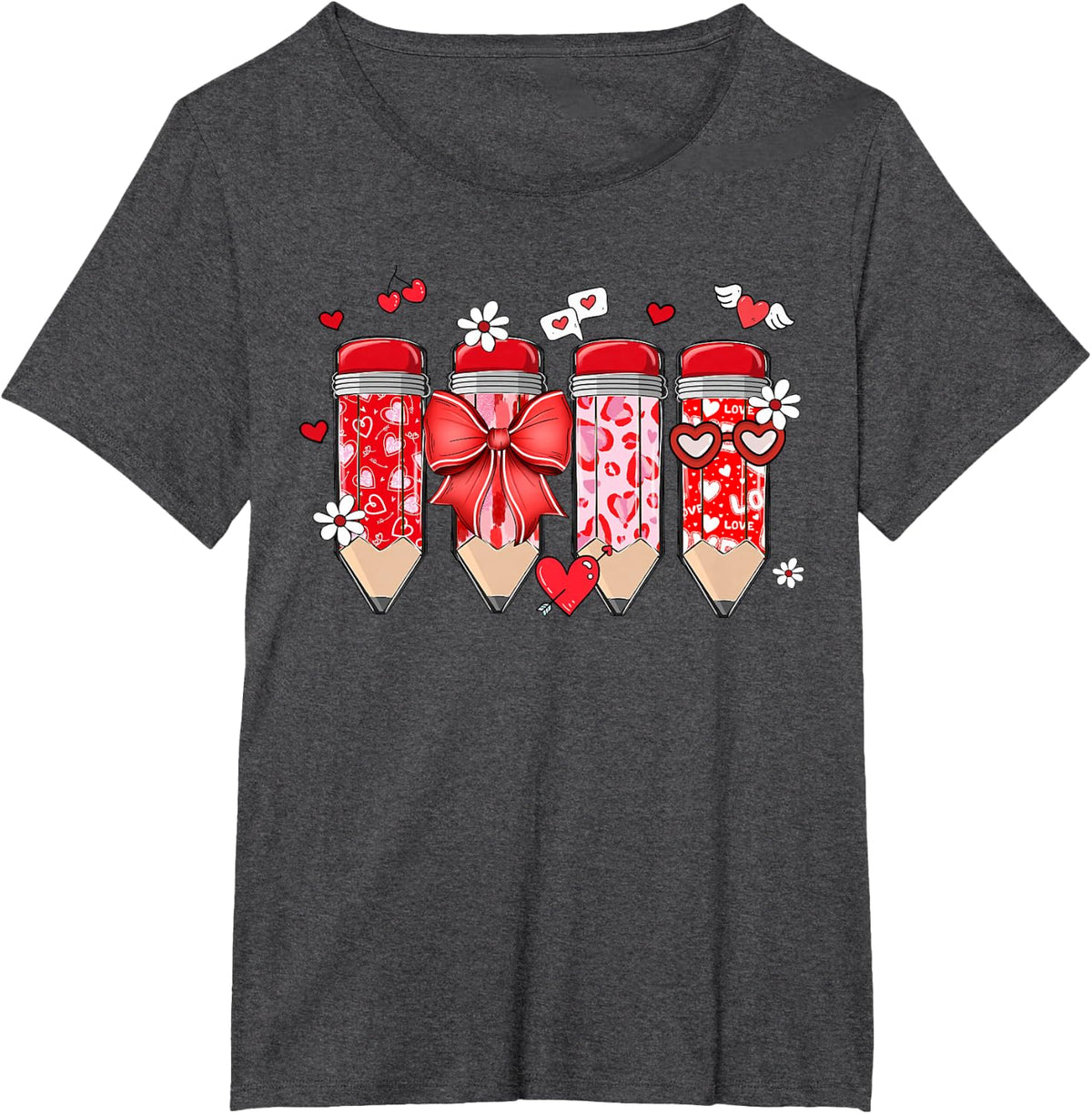 Teacher Valentine Coquette Bow Pencil Teacher Valentine Day T-Shirt - Dark Heather Grey