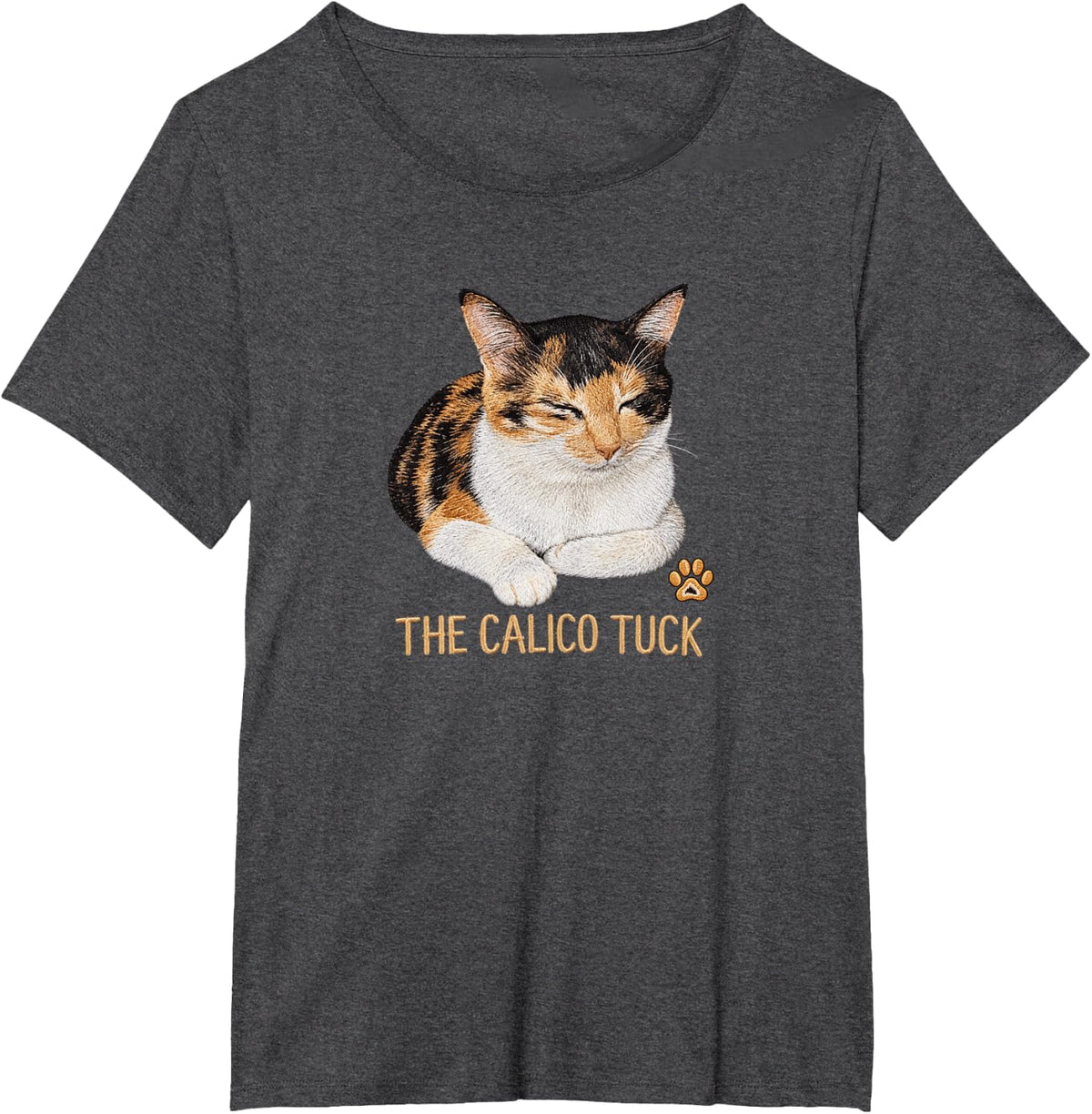 Calico Cat Lover Cute Sleepy Kitty Embroidery Style Graphic T-Shirt - Dark Heather Grey
